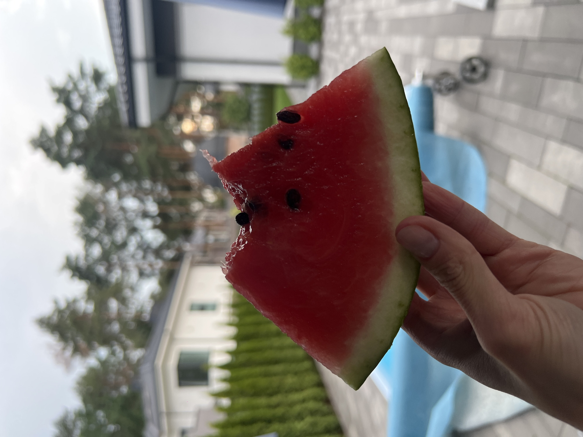 A hand holds a slice of watermelon with a bite taken out of it. The watermelon is red with black seeds and a green rind. In the background, there are houses, trees, and a cloudy sky, indicating an outdoor setting. The environment appears to be residential, possibly in a suburban area. The overall scene suggests a moment of casual enjoyment of a summer treat in an outdoor space. The specific location is in Briukhovychi, Ukraine.