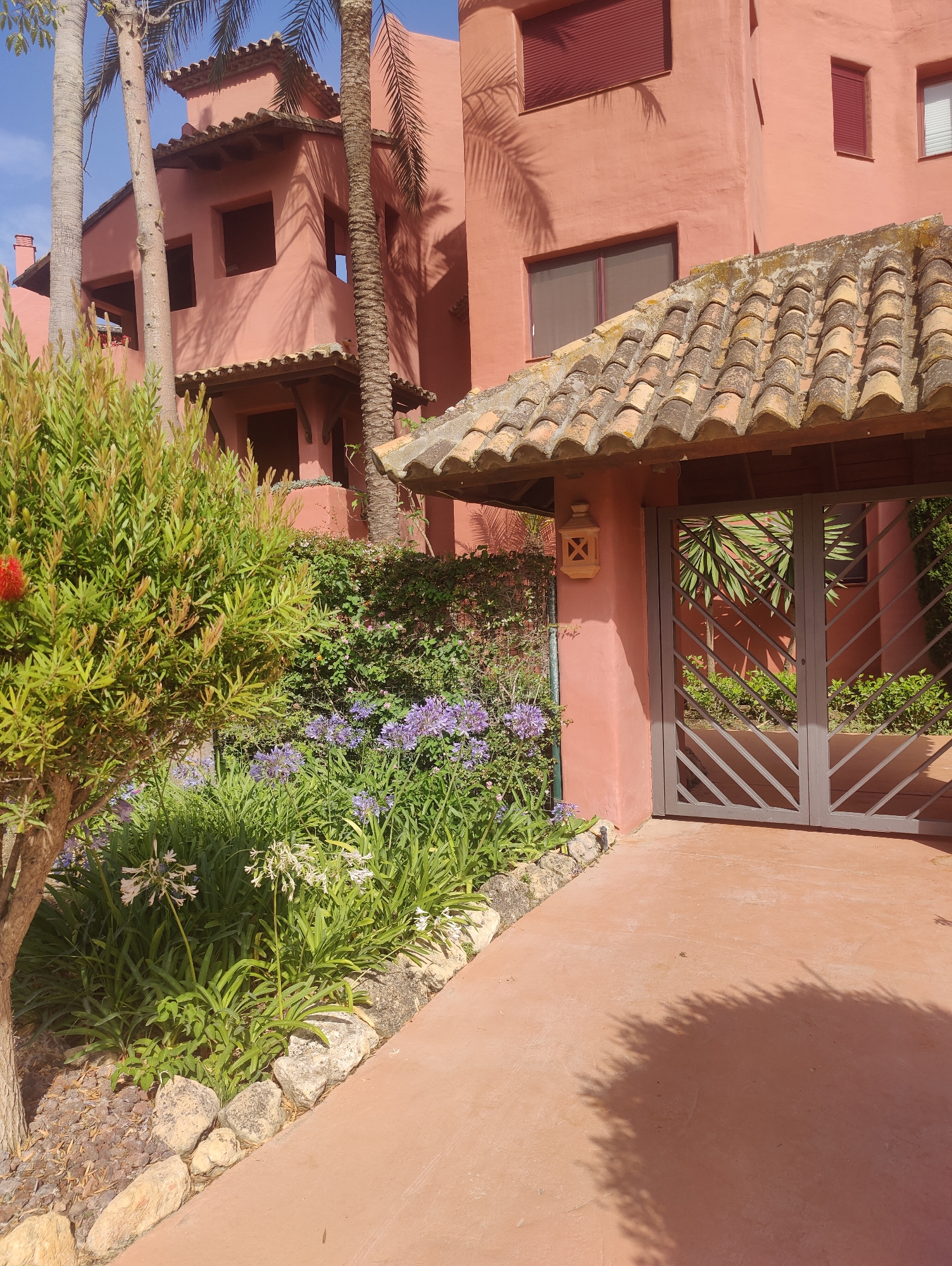 An exterior shot shows a pink stucco building with red-tiled roofs and several palm trees. In the foreground, a pathway made of reddish-brown concrete curves to the right, bordered by a stone-lined garden bed filled with lush green foliage, purple agapanthus flowers, and some white flowers. To the right of the pathway is a gray metal gate with a diagonal pattern, leading into a courtyard. A small, square lantern hangs on the pink wall next to the gate. The scene is brightly lit by sunlight, casting shadows from the foliage and palm fronds onto the pathway and building.