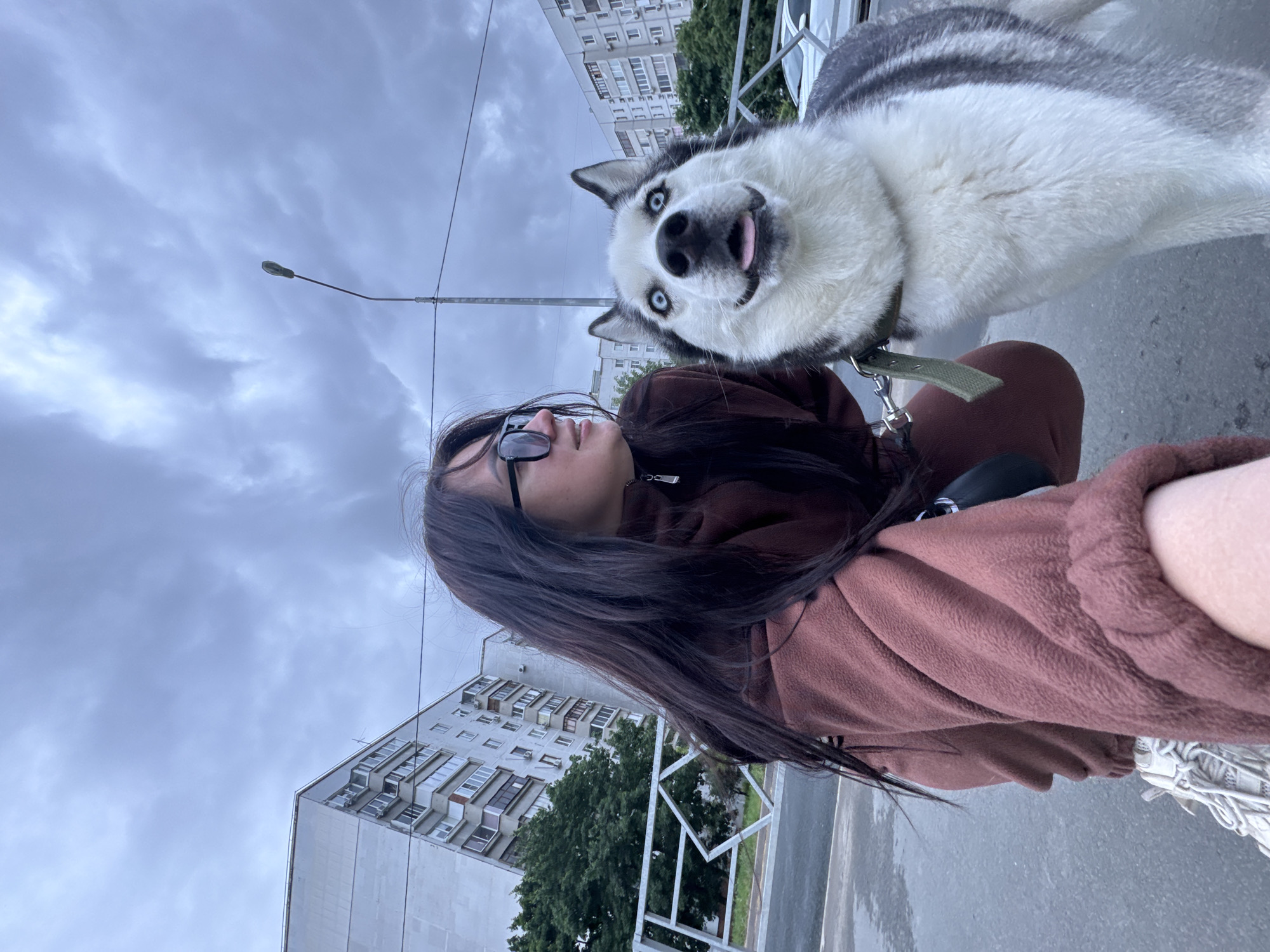 A low-angle, slightly skewed photograph captures a woman and a dog in an urban setting. The woman, positioned lower in the frame, is seen from the shoulders up. She has long, dark hair and wears dark sunglasses. Her clothing consists of a brown, possibly fleece, top. Her gaze is directed upwards towards the dog.
The dog, a Siberian Husky with a white and gray coat, is positioned above the woman, its face filling the upper portion of the frame. The dog’s bright blue eyes and protruding tongue give it a playful expression. It wears a green collar.
The background reveals a street scene with overcast skies. A light pole stands on the left side. Apartment buildings are visible in the background. A metal railing runs horizontally across the middle ground, partially obscuring the buildings. The surface of the ground appears wet, possibly from recent rain.
