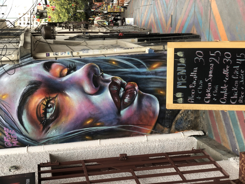 The image showcases a vibrant street art mural depicting a woman's face in profile with striking colors and intricate details, including a nose ring. A menu board lists "Aloo Paratha + Chai" for 30, "Chicken Samosa + Chai" for 25, "Omlate + coffee" for 30, and "Chicken fried Rice + Juice" for 45. The mural is attributed to "@FUME MILES" and "18369" is visible. A dark metal structure is at the bottom of the picture. The background includes a street scene with overhead wires and colorful building designs.
