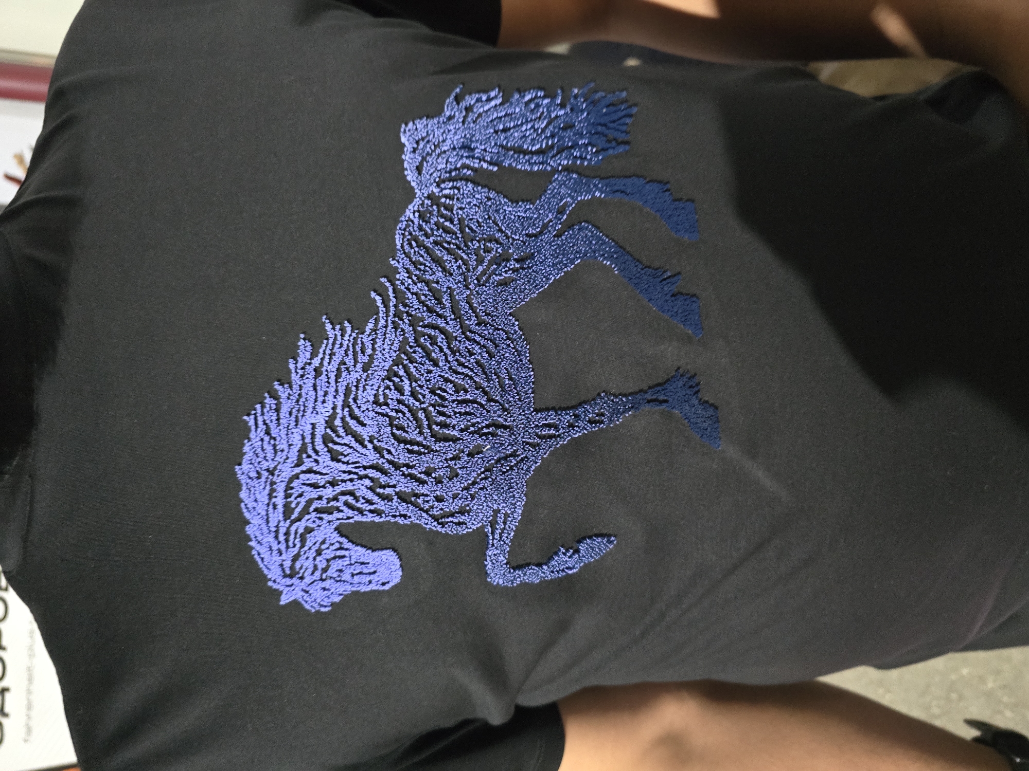 A person is wearing a black t-shirt with an embroidered blue horse design on the front. The t-shirt is short-sleeved. The horse is depicted in a dynamic pose, with its mane and tail flowing. The embroidery appears to be a textured, multi-colored blue, giving the design a sense of depth and movement. The person's arms and shoulders are visible, with their skin tone appearing to be medium. The background is out of focus and appears to be an indoor setting, possibly a retail environment, with some light sources creating shadows.