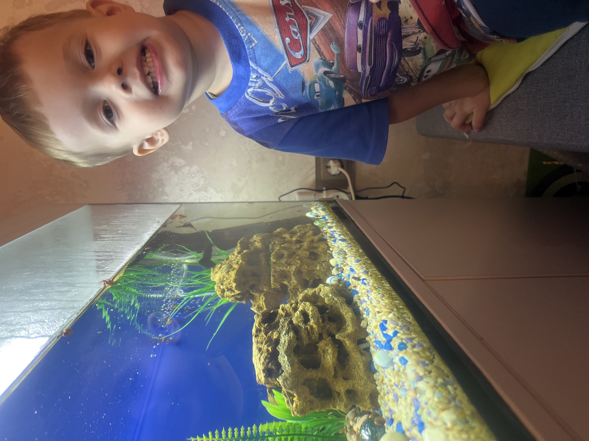 An over-the-shoulder shot shows a young boy with blonde hair and blue eyes, wearing a blue t-shirt with images of cars from the Disney movie "Cars" on it. The boy is smiling widely and looking towards the camera. To the left of the boy is a fish tank with blue water, gravel, rocks, and artificial plants. A few small snails are visible on the top edge of the fish tank. The background consists of a textured wall with an electrical outlet and cord. The scene appears to be indoors, possibly in a home, in an unspecified location.