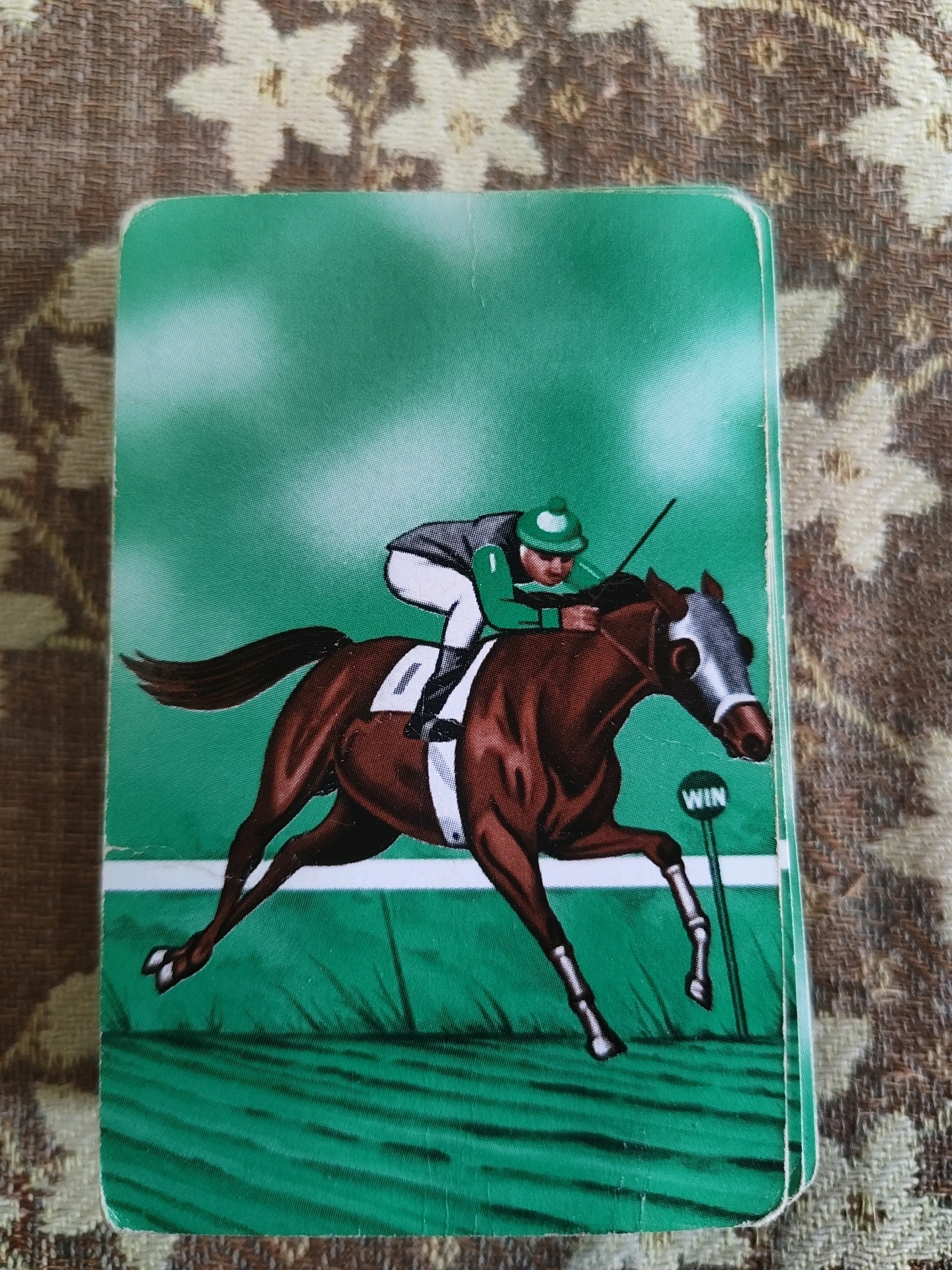 The image shows a close-up, eye-level shot of a stack of playing cards featuring a horse race illustration. The top card displays a brown horse with a jockey in green and white attire, galloping on a green race track. A sign with the word "WIN" is visible near the horse's hind legs. The cards are placed on a patterned textile surface, likely a rug or blanket, with a brown and beige floral design. The lighting appears to be natural, coming from above and slightly to the left. The scene is indoors, and the exact location in Tathawade, India is not determinable from the visual information provided.