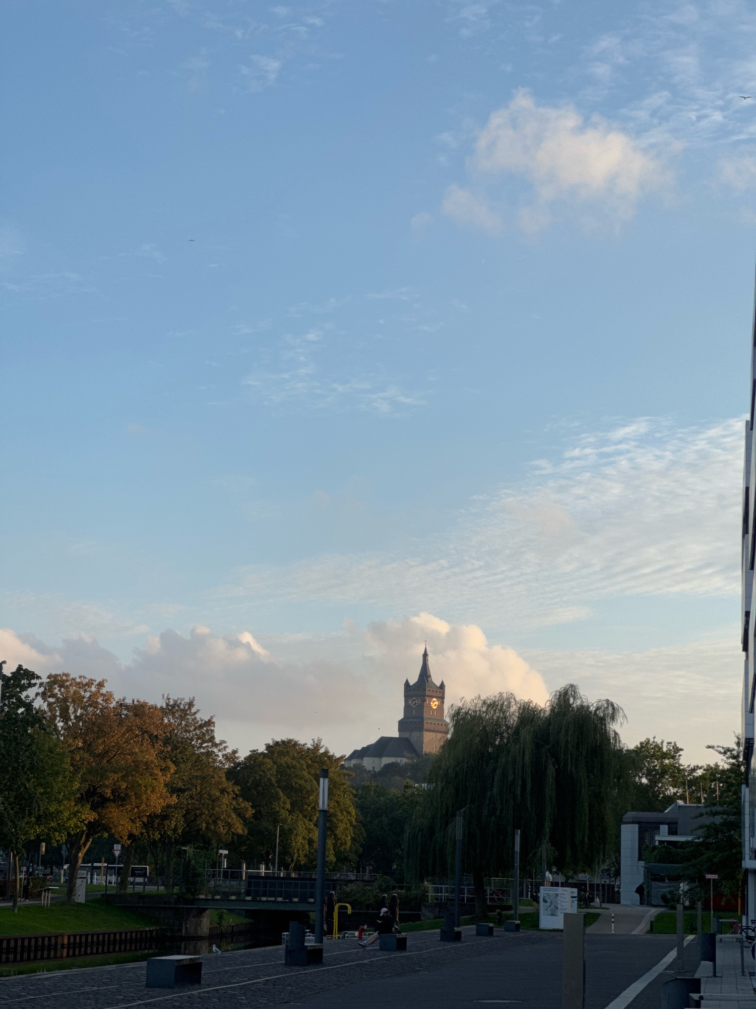 The image captures a serene urban landscape in the city of Cleves, Germany. A prominent clock tower, likely part of the Cleves Castle, stands tall on a hill in the background, its clock face illuminated. The sky above is a clear blue, adorned with scattered white clouds, some appearing wispy and others more substantial. In the foreground, a paved pathway runs alongside a tranquil body of water, possibly a canal or river, bordered by lush green grass and trees. Several trees, some showing autumnal foliage in shades of orange and yellow, line the pathway. A weeping willow tree with its characteristic drooping branches stands prominently in the middle ground, adding a touch of natural elegance to the scene. Modern buildings, characterized by their sleek architecture and large windows, are visible on the right side of the image, contrasting with the historical presence of the clock tower. People are sparsely scattered, with a few individuals seated on benches near the water, seemingly enjoying the peaceful ambiance. The overall impression is one of a calm and picturesque urban environment, blending historical charm with modern city life.