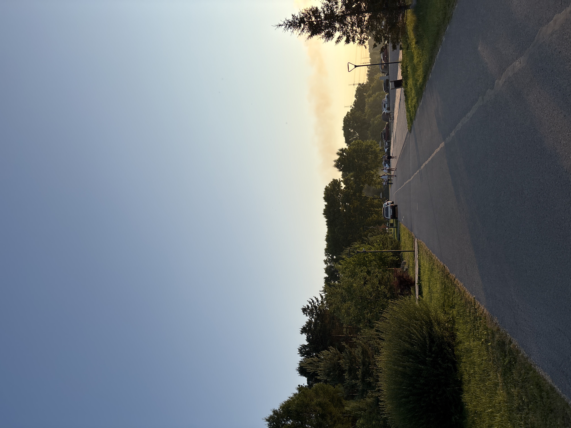The image depicts an outdoor scene with a clear sky transitioning to a hazy yellow near the horizon, suggesting either sunrise or sunset. A paved path or road extends from the foreground into the distance, bordered by a grassy area on the left and trees on the right. Several cars are parked alongside the road further down, and a few individuals are walking or strolling in the middle ground. The overall environment appears to be a park or recreational area, with lush green foliage and a lone pine tree on the right side of the frame. The scene has a tranquil, open-air atmosphere.