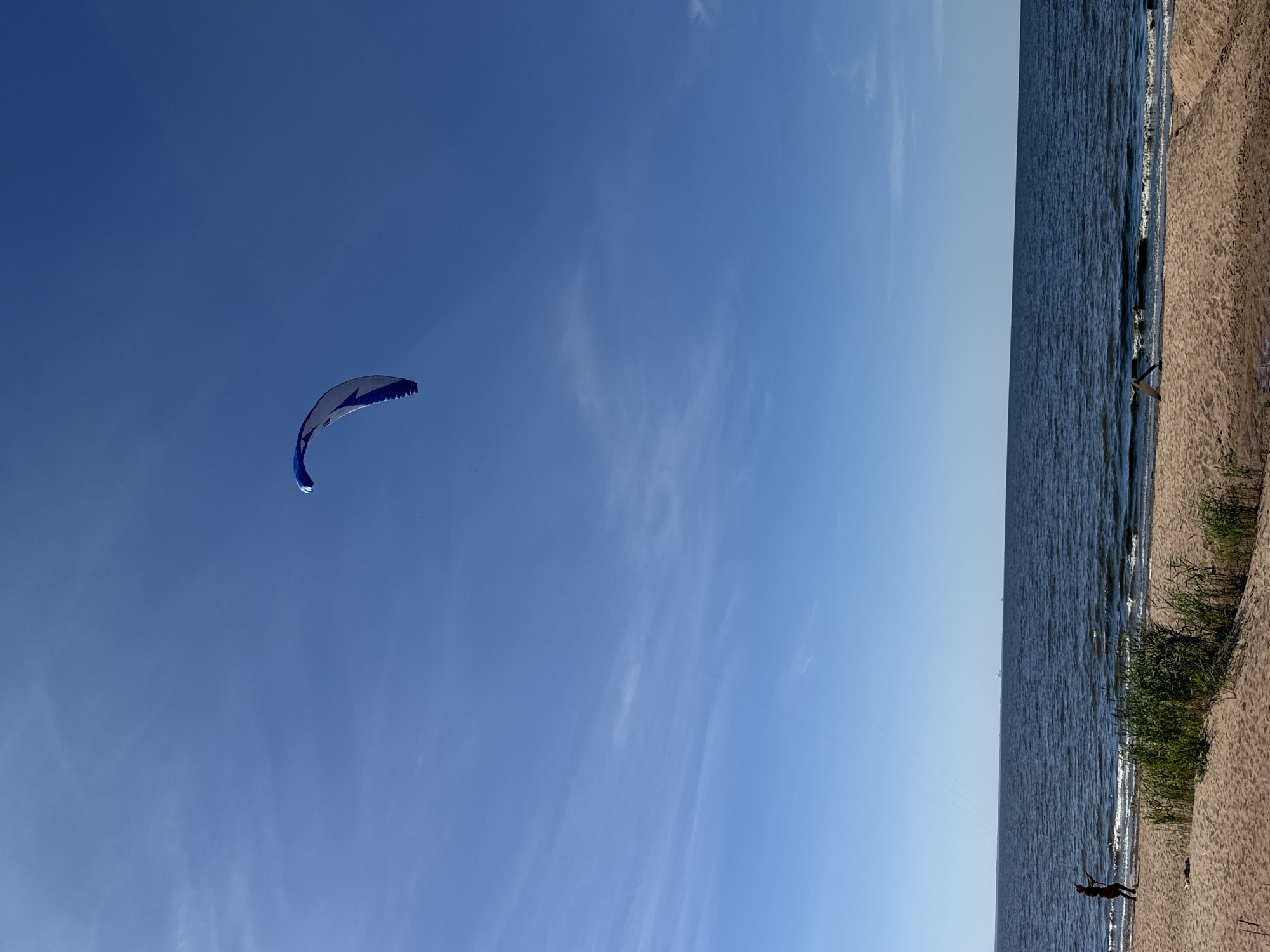 A bright blue sky with thin white clouds stretches over a calm, dark blue sea. A blue and white kite is suspended in the air towards the upper right of the frame. On the sandy beach in the foreground, a person is standing and facing the sea, holding what appears to be kite strings. The beach has some green vegetation growing near the water's edge. The overall scene suggests a breezy day at the coast.