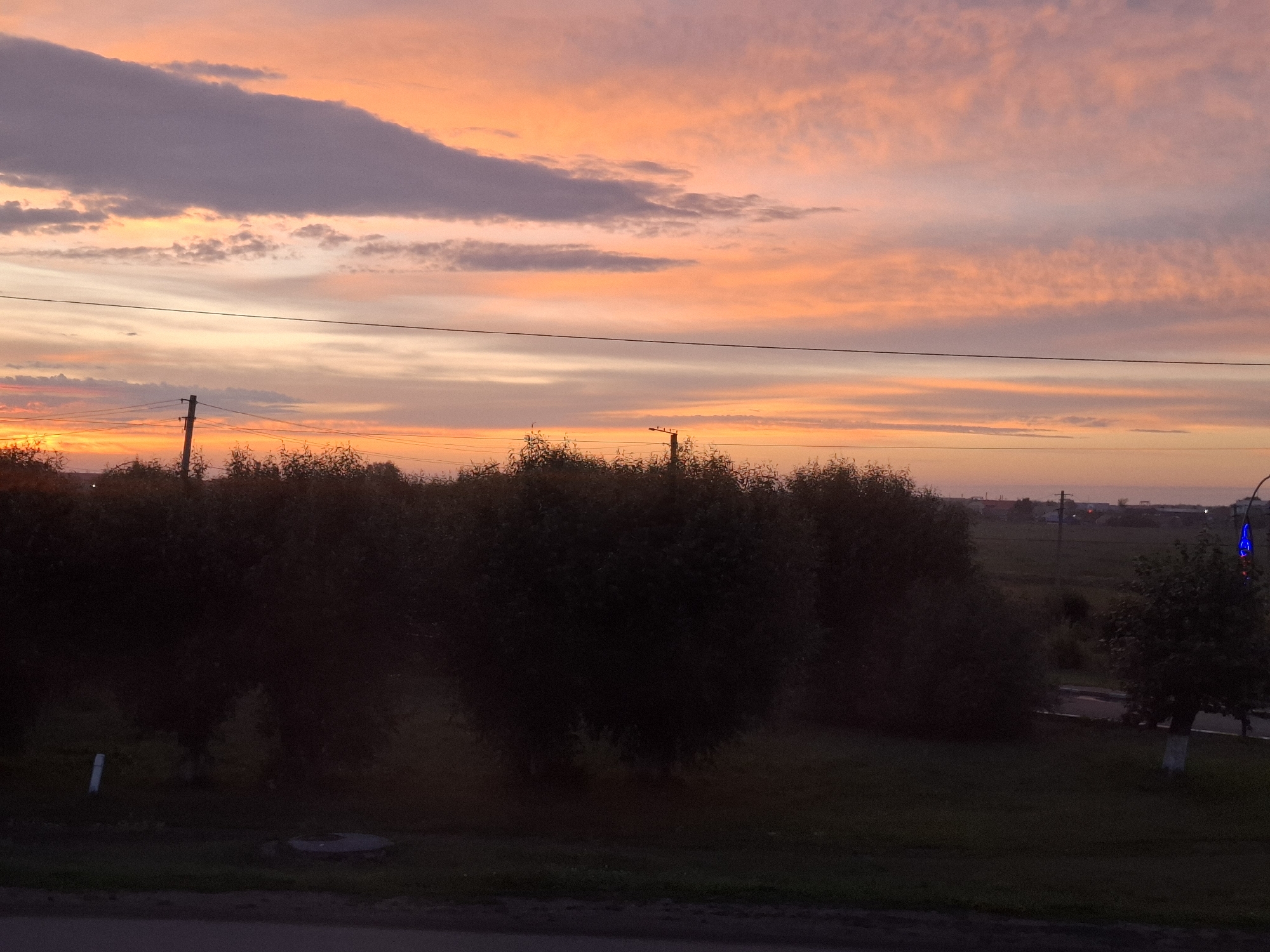 The image depicts a rural landscape at dusk, dominated by a vibrant sunset sky filled with hues of orange, pink, and purple. Silhouetted against this colorful sky are several dark, dense trees and bushes in the foreground, appearing as dark masses of foliage. A power line stretches horizontally across the upper part of the image. In the middle ground, more trees and vegetation are visible, along with some distant structures that suggest a small settlement or rural area. The ground in the foreground appears to be a road or pathway. The overall impression is a peaceful, natural scene at the end of the day. The location is identified as Булаев қалалық әкімдігі, Kazakhstan.