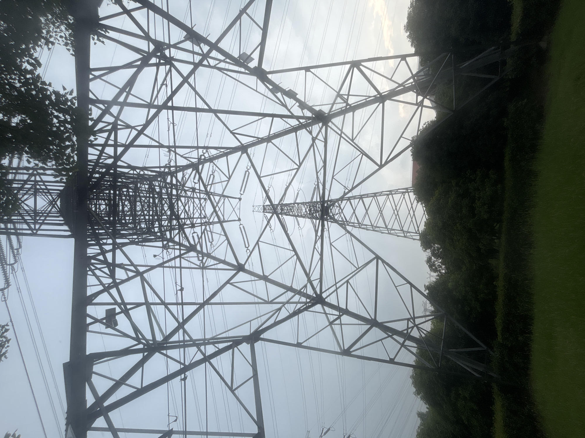 This is a low-angle, full shot of a large, lattice-style electrical pylon in the Suzhou Industrial Park, China. The pylon is made of dark metal and has a complex geometric structure of interconnected beams and crossbars. Numerous electrical wires are suspended from the pylon, stretching across the frame and disappearing into the hazy sky. In the distance, another similar pylon is visible, also supporting a network of wires. The base of the pylon is surrounded by lush green trees and foliage, with a grassy field in the foreground. The sky is overcast and light gray, suggesting a cloudy or misty day. The image captures the imposing scale of the infrastructure against a natural backdrop.