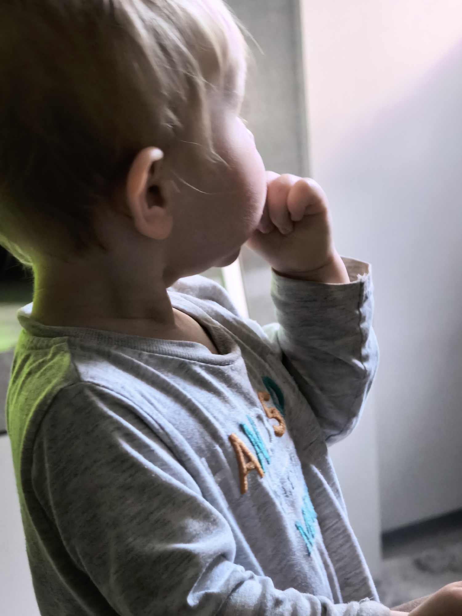 This is a close-up, side-profile image of a young child with blonde hair. The child is wearing a grey long-sleeved shirt with embroidered text on the front. The embroidery appears to be in orange and turquoise, with partial letters visible, including "A" and "S" in orange, and what looks like a turquoise letter "A" or "V". The child has their right hand raised to their mouth, with fingers in their mouth. The lighting suggests it is daytime, possibly indoors with natural light coming from the right side of the frame, creating a soft glow and casting a slight shadow. The background is blurred and appears to be a simple interior setting. There are no clear indicators of the specific location within Sterlitamak, Russia, but the overall impression is of a casual, everyday moment at home. The child's posture and hand-to-mouth gesture could suggest contemplation, self-soothing, or curiosity.