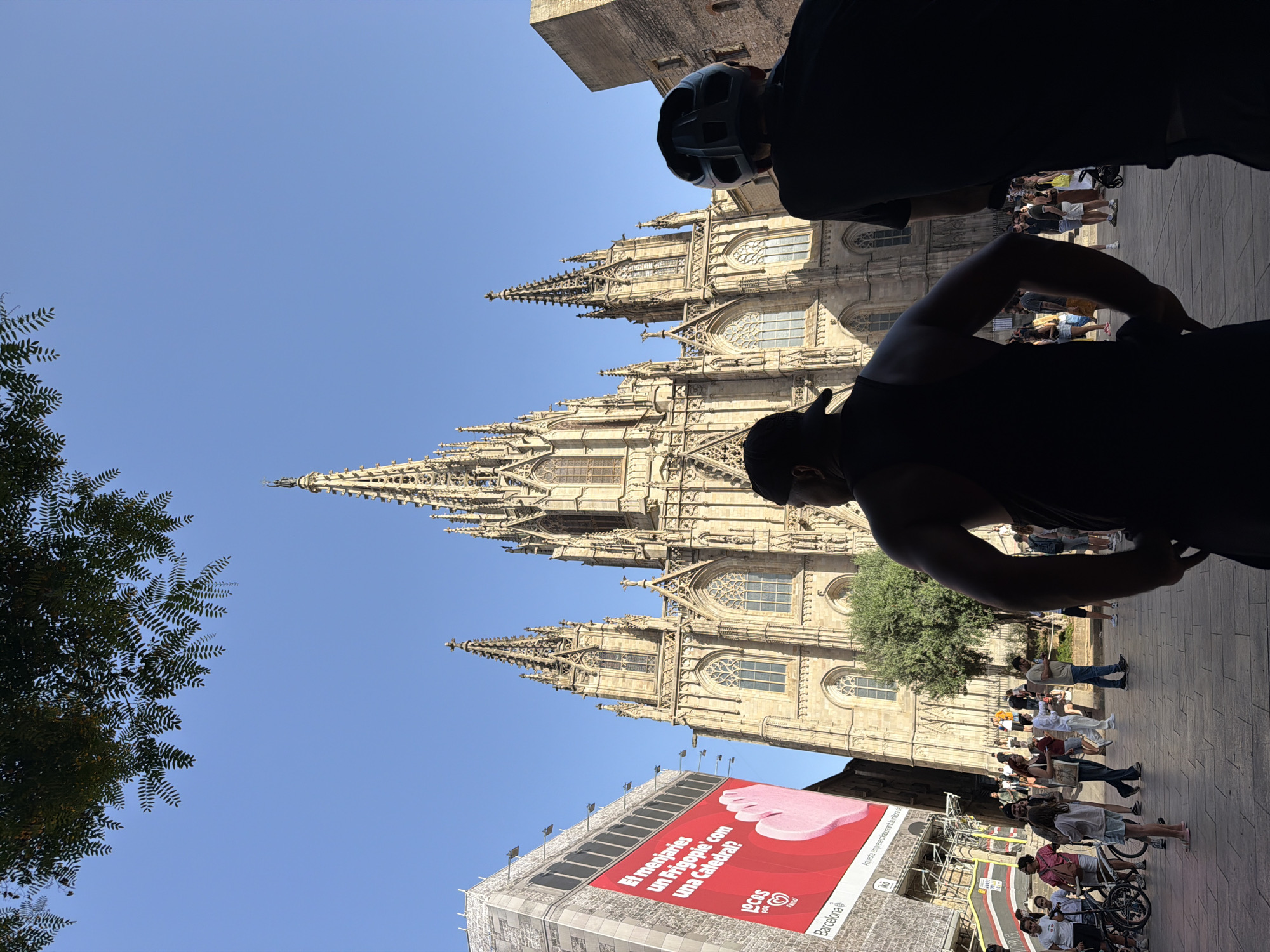 The image captures a view of the Barcelona Cathedral, a historic Gothic cathedral located in the Gothic Quarter of Barcelona, Spain. In the foreground, the backs of two individuals are visible, one wearing a black baseball cap and the other a black cycling helmet. Both are facing away from the camera, looking towards the cathedral. A large red billboard advertising "Frigo" is mounted on a building to the left of the cathedral, featuring text in Catalan. The cathedral itself dominates the background, with its intricate spires and architectural details clearly visible against a bright blue sky. A tree with green foliage is positioned in front of the cathedral. Scattered throughout the scene are various people walking, standing, and interacting, suggesting a busy public space. The ground is paved with cobblestones. Sunlight casts shadows, indicating a sunny day.