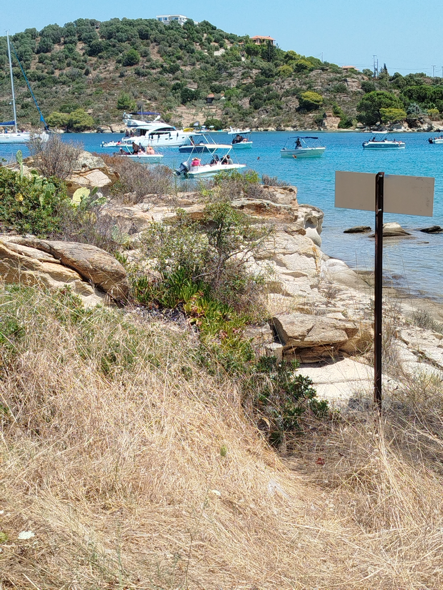 The image shows a coastal scene in Sithonia Municipal Unit, Greece, likely during daytime given the bright sunlight and clear blue sky. In the foreground, there is dry, yellow grass and some rocky terrain with sparse green vegetation. A dark metal pole with a blank white sign is visible on the right side of the frame, positioned near the shoreline.
The midground features a body of clear, turquoise water where several boats are anchored or cruising. These include a large white yacht, several smaller motorboats, and a sailboat with its mast visible. Some of these boats appear to have people on board.
The background consists of a green, tree-covered hillside with some buildings visible at the top. The overall impression is a tranquil summer day at a Mediterranean bay.