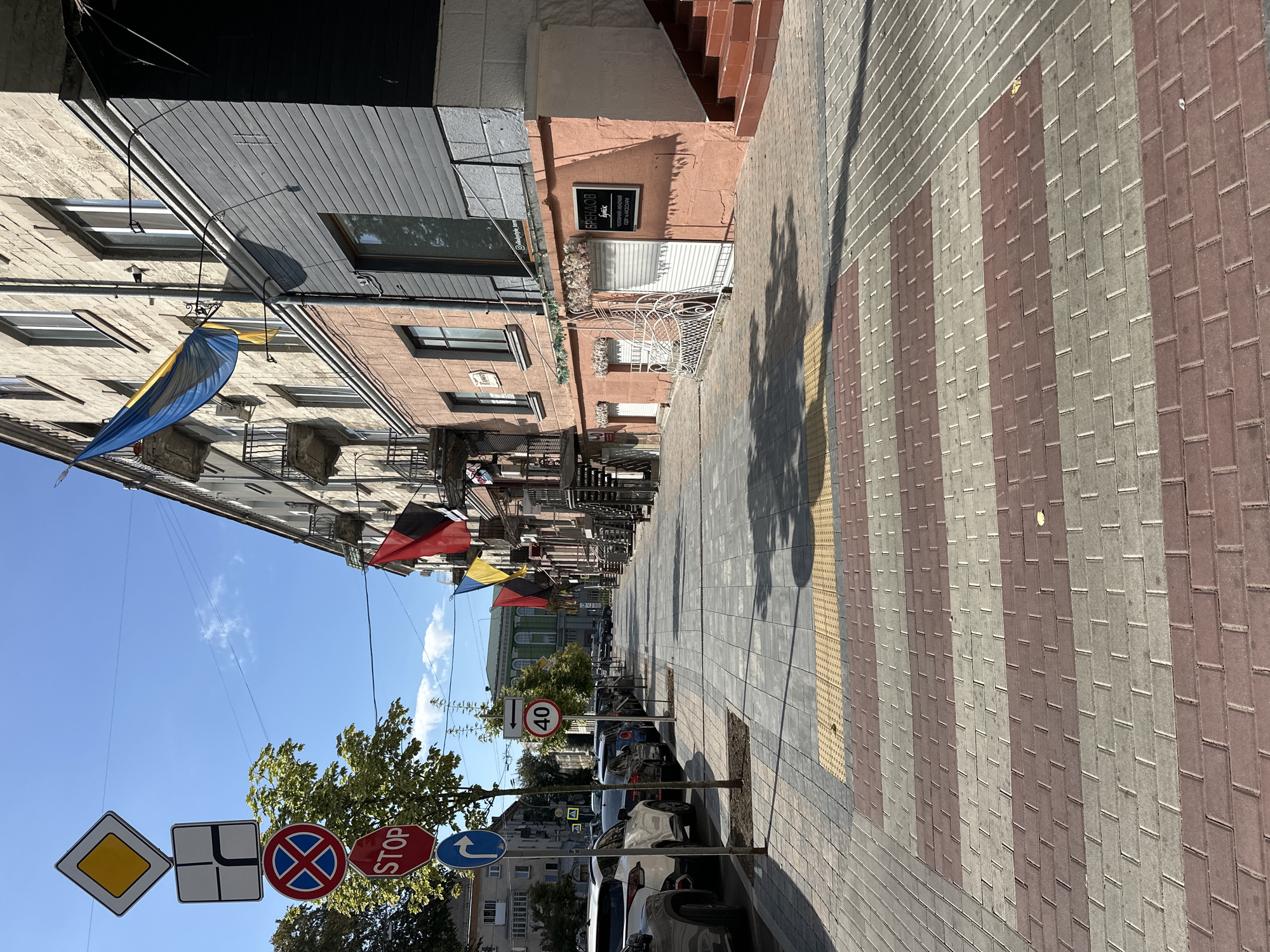 The image shows a street scene in Ternopil, Ukraine, with a sidewalk in the foreground. The sidewalk is paved with red and grey bricks arranged in a striped pattern. There are several street signs on the left side of the image, including a "STOP" sign, a "No Stopping" sign, and a speed limit sign showing "40". Flags of Ukraine are displayed on the building to the right, along with other flags. Several cars are parked along the street. The building on the right is a multi-story structure with balconies and windows. The sky is blue with some clouds.