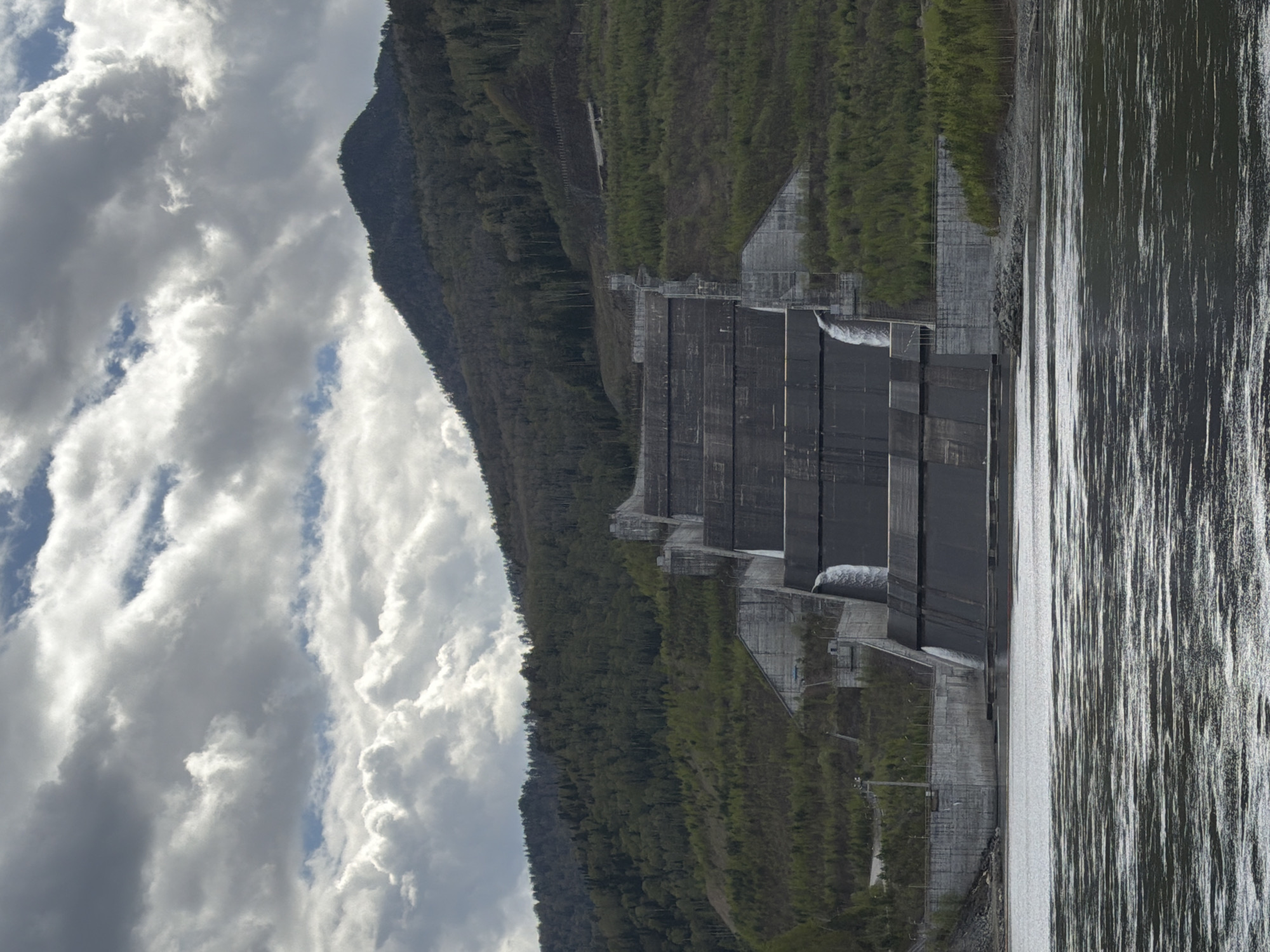 The image shows a large dam situated in a mountainous, forested environment, potentially a reservoir. Water is flowing over the dam. The sky is cloudy. There is no indication that this is located in the city of Cheremushki, Russia.