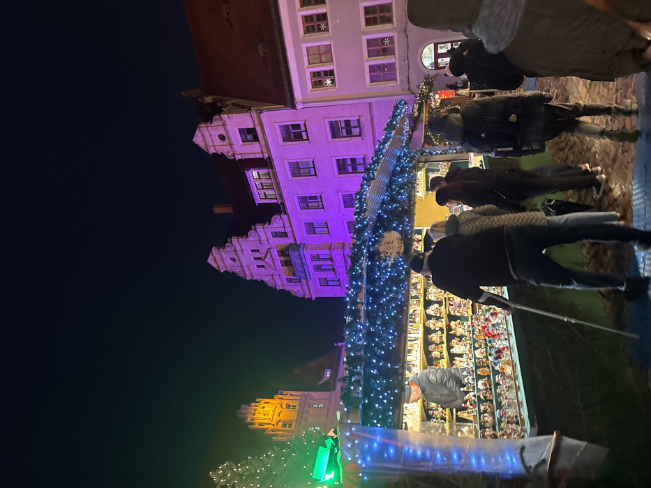 A nighttime scene depicts a European Christmas market. A tall, illuminated tree stands next to vendor stalls displaying figurines. People browse the merchandise. Ornate buildings with intricate architectural details are illuminated in purple and gold lighting, creating a festive and vibrant atmosphere. The dark sky contrasts with the brightly lit market.