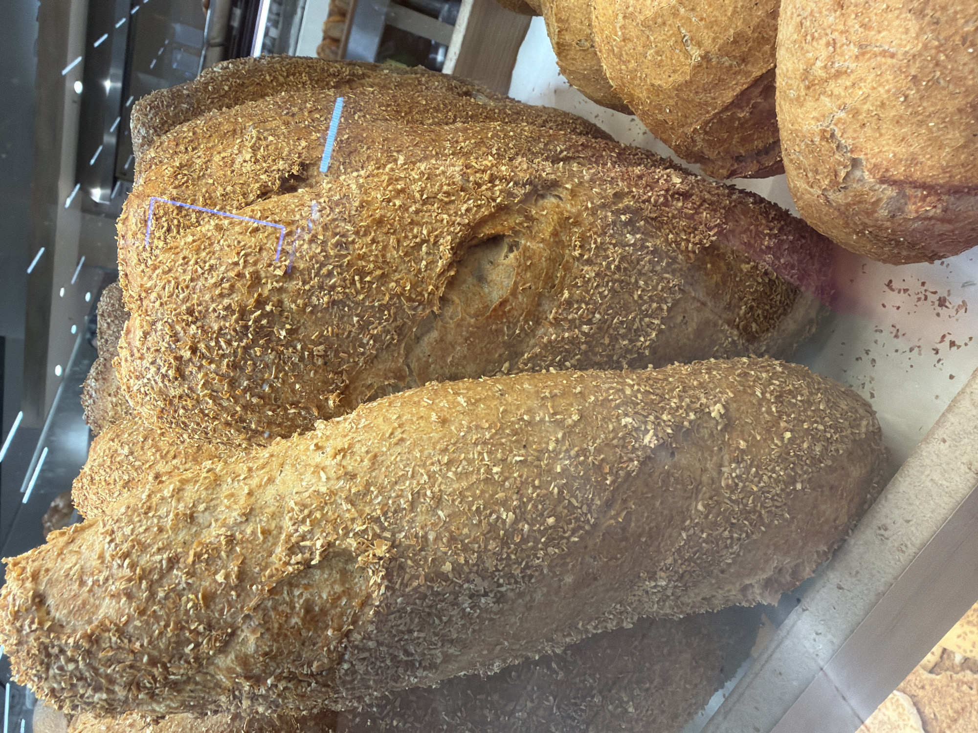 A close-up shot displays an assortment of crusty, golden-brown bread loaves, likely in a bakery display case, with a slightly blurred background suggesting an indoor setting with lighting fixtures. The loaves have a textured, rough exterior, possibly coated in seeds or grains, and some exhibit visible scoring marks or cracks on their surfaces. The bread is arranged in a way that emphasizes their rustic appearance and artisanal quality.