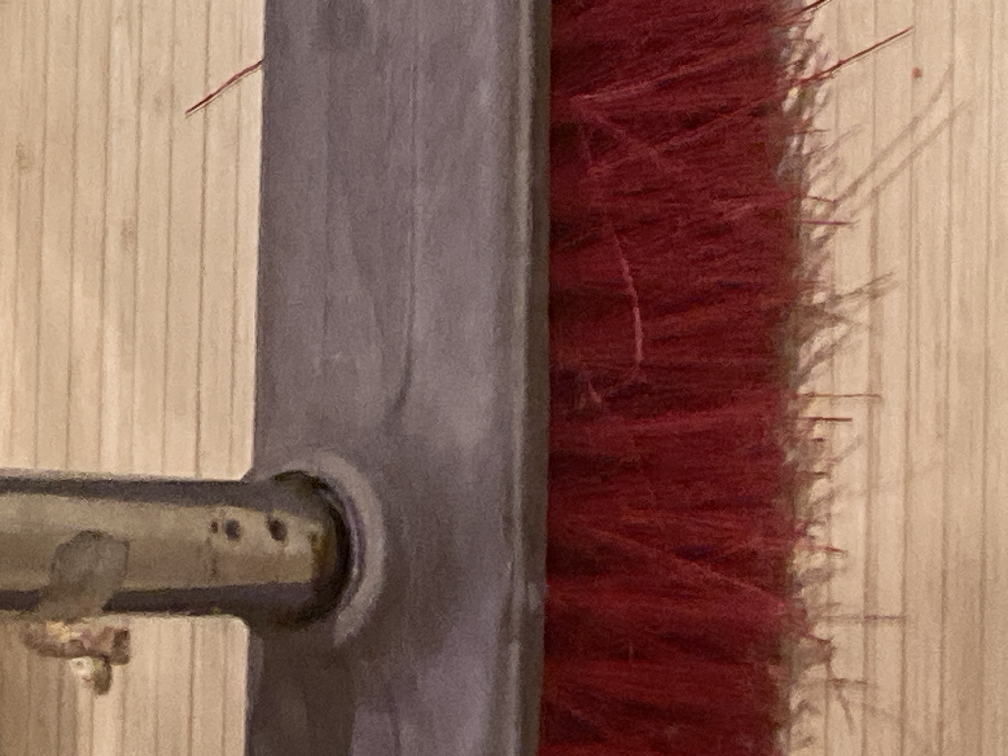 The image presents a close-up view of a cleaning tool, specifically a brush with red bristles. The brush is attached to a gray metallic frame, with a handle extending to the left. The backdrop appears to be a light-colored wooden surface, possibly a wall or door. No people, actions, or interactions are discernible in the image. The location in Sofia, Bulgaria, cannot be determined from the provided visual information.