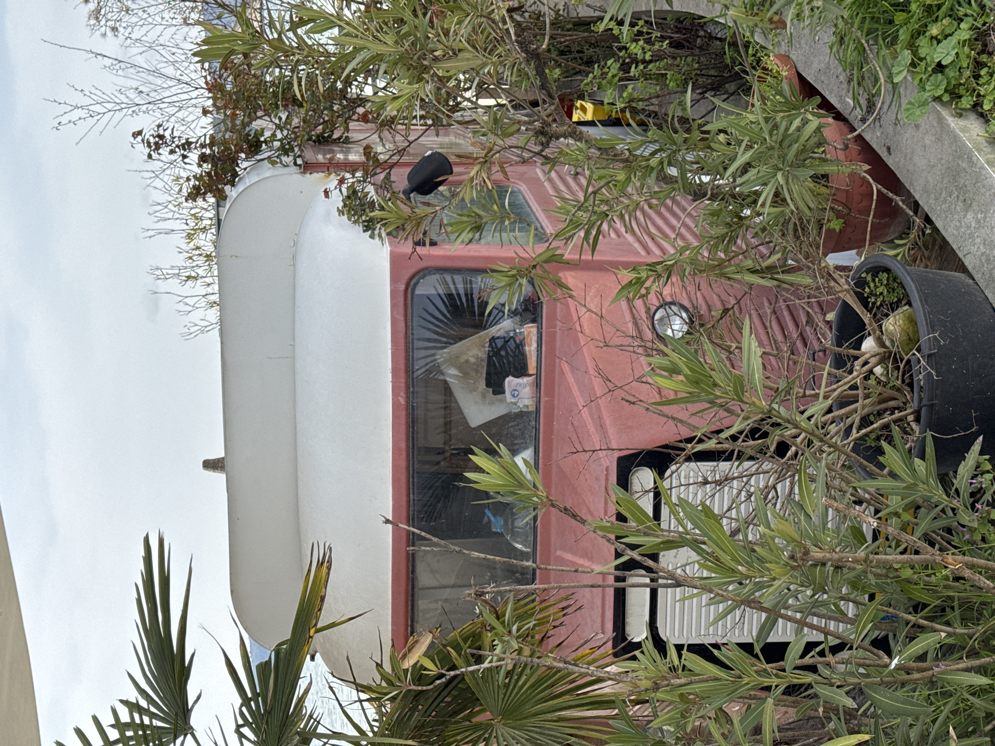 An obscured view of an old, possibly abandoned camper van, primarily red with a white roof, surrounded by foliage and placed in what appears to be an outdoor urban setting. The van shows signs of wear and tear. Foliage is dense around the van, obscuring much of its body. In the background, there are other plants, concrete structures, and a glimpse of the sky, suggesting an outdoor urban environment. Based on the presence of foliage and the general aesthetic of abandonment, the exact location in Varna, Bulgaria cannot be precisely determined from the visual information alone.