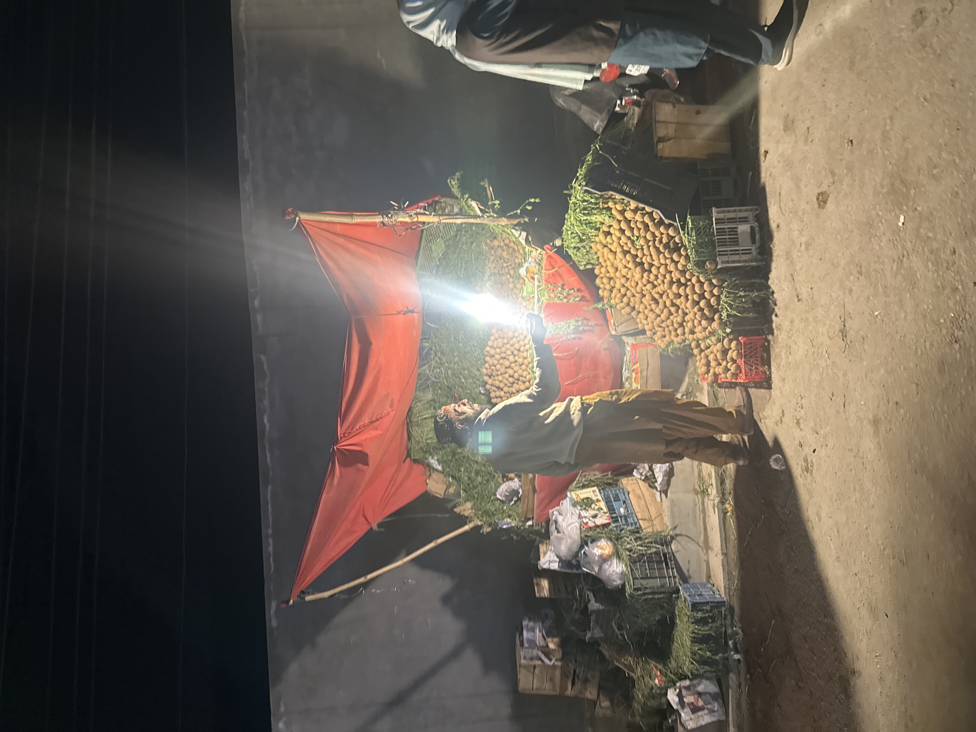 The image depicts an outdoor fruit stand located in what appears to be an urban area. A man is standing behind the stand, facing forward and partially obscured by the light source. The stand is covered with a red awning. Several crates of round, brown fruits are stacked on the stand. Additional crates containing leafy green vegetation are located beside and beneath the fruit crates. A street surface is visible next to the stand, and a building or wall forms a dark background. A person's legs are visible at the very top of the image.
