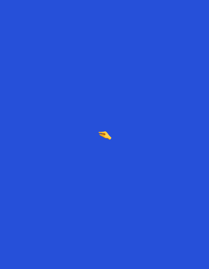 A yellow emoji of a hand with two fingers extended is centered against a solid blue background.