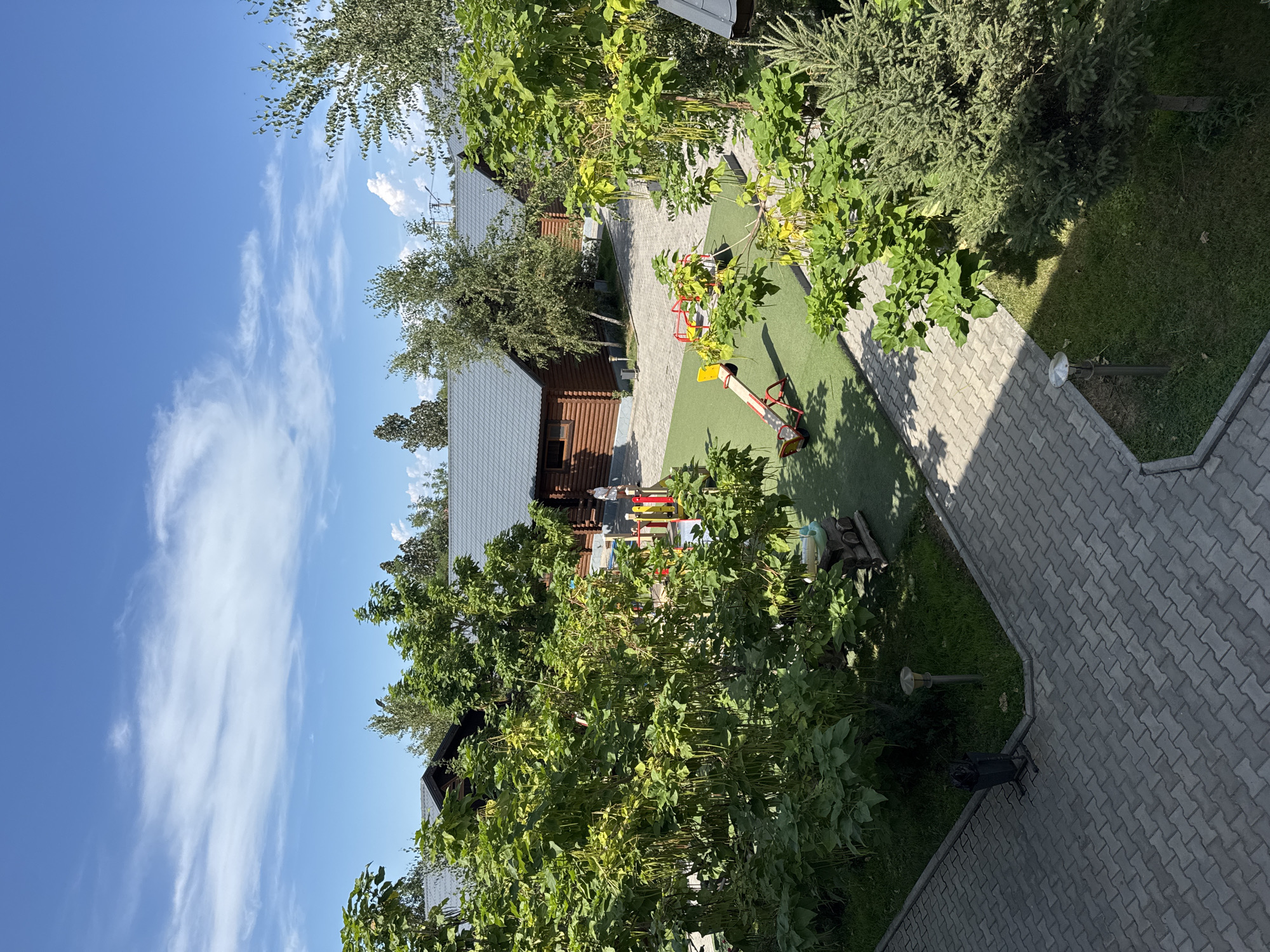 The image captures a scene in the city of Ақши, Kazakhstan, on a clear day with a bright blue sky and scattered white clouds. The perspective is from an elevated position, looking down onto a courtyard area with several wooden buildings visible in the background, their dark gray roofs contrasting with the natural wood of their walls.
In the foreground and mid-ground, lush green trees with abundant foliage dominate the view, some bearing long, hanging seed pods. A children's playground is situated on a patch of artificial turf. It features a red and yellow seesaw, a yellow and red swing set, and a multi-colored climbing structure. A woman in a white outfit is standing near the playground.
The ground is paved with interlocking gray bricks, forming pathways that surround grassy areas and landscaping. An outdoor light fixture is visible on a short pole next to one of the pathways. To the right, a small evergreen tree stands near a paved area. Shadows are cast across the scene, indicating bright sunlight. The overall impression is a tranquil, well-maintained outdoor recreational space adjacent to residential or lodging structures.
