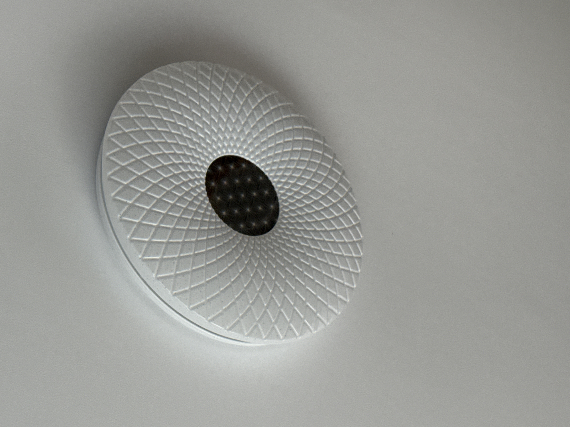 A close-up photograph shows a round, white object with a textured, geometric pattern affixed to a white or light gray surface. The object has a dark, circular center. The surrounding surface appears smooth and uniform. The photograph is well-lit and composed with the object positioned off-center. There is no indication of the location being Lovech, Bulgaria, or any other city. There are no people, actions, or interactions visible.