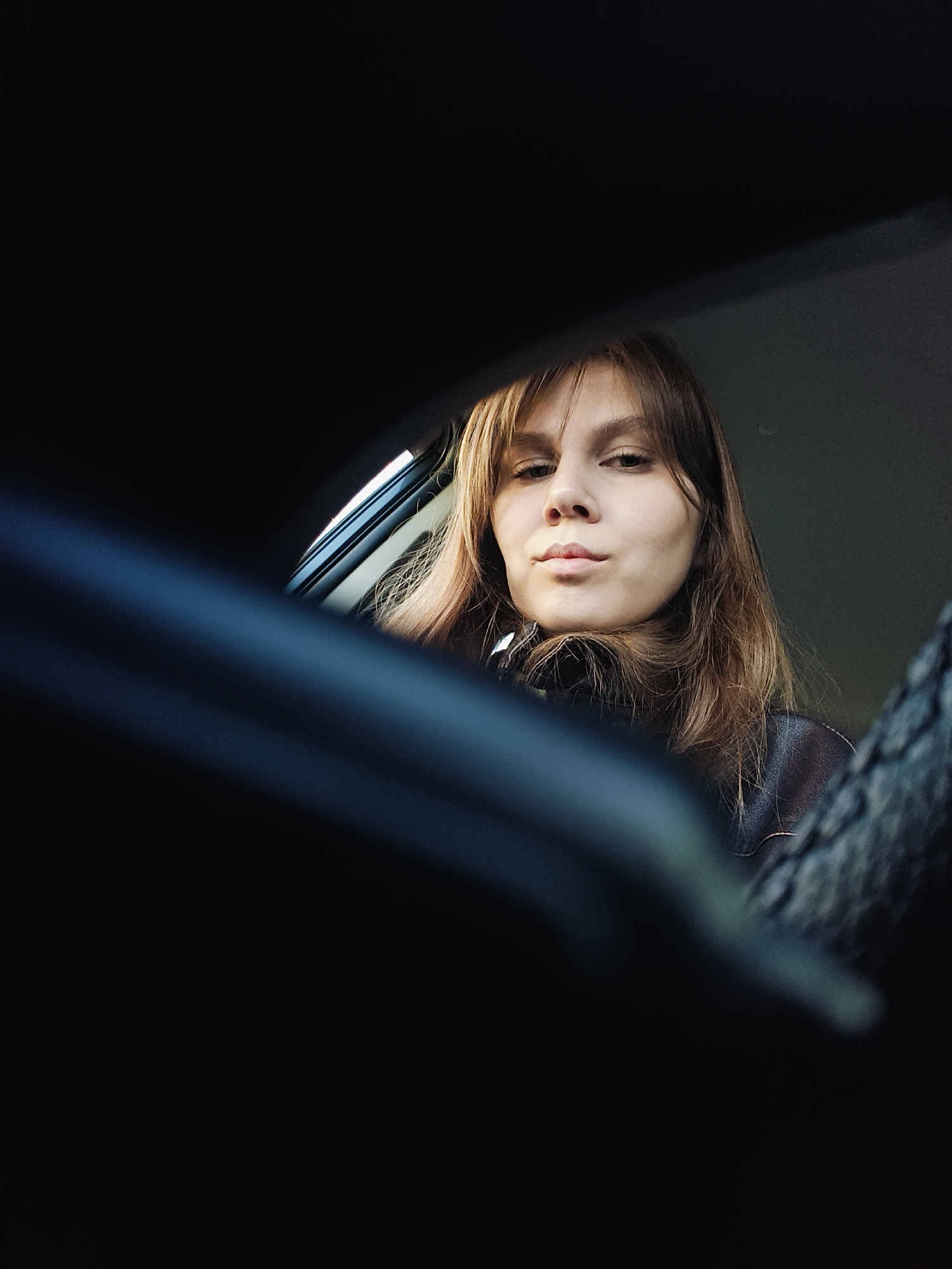 A medium close-up, low-angle shot captures a young woman looking directly at the viewer from what appears to be the interior of a car. Her face, framed by loose, shoulder-length brown hair with bangs, is the central focus. She has a fair complexion, a straight nose, and full lips, with a faint dimple visible on her chin. Her expression is neutral and direct, with a hint of seriousness or contemplation.
She is wearing a dark, possibly leather, jacket or top. The lighting highlights the top of her head and left side of her face, suggesting natural light from an unseen window. The background is dark and out of focus, consisting of the car's interior. A sliver of a car window frame is visible to her upper left, allowing some light to pass through. Dark, blurred shapes in the foreground, presumably parts of the car's dashboard or door frame, create an intimate, framed composition around her. The overall mood is subdued and introspective. There is no visible text.