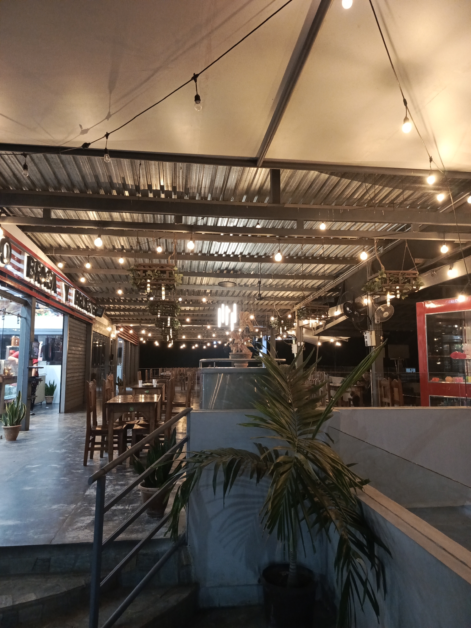 This media file captures an evening or nighttime scene of an open-air or semi-covered dining establishment, likely located in Tocuyito, Venezuela. The setting appears to be a casual restaurant or food court, illuminated primarily by numerous string lights with exposed bulbs, which cast a warm glow and create long shadows on the light-colored ceiling panels above.
The space features a mix of industrial and rustic elements, with a corrugated metal roof visible above a framework of dark metal beams. Below this, sections of a lighter, possibly fabric or translucent ceiling are installed, reflecting the light. Wooden tables and chairs are arranged throughout the area, suggesting seating for patrons.
Potted plants, including a prominent palm-like plant in the foreground and snake plants near the entrance, add greenery to the environment. Metal railings indicate a multi-level structure or steps. On the left side of the image, there's a storefront with a partially open roll-down shutter and another open service area featuring a counter. To the right, a red-framed display case or refrigerator is visible. Ceiling-mounted industrial fans are also present, suggesting an open-air environment.
No people are distinctly visible, giving the impression that the space might be quiet or captured before or after peak hours. The overall ambiance is inviting and relaxed, typical of an evening eatery.
Visible text on a red and white striped sign to the left reads "BOCADILLOS BRASAS Y BROCHETAS".