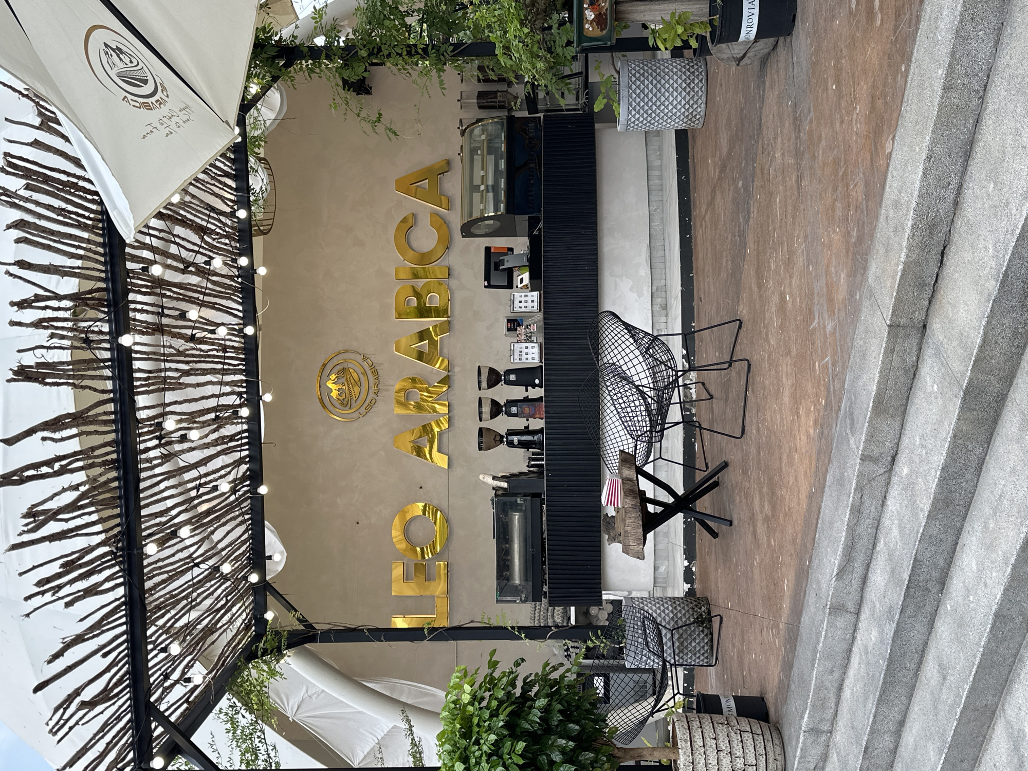 This image depicts the outdoor seating area and storefront of "LEO ARABICA," a cafe located in Nha Trang, Vietnam. The cafe features a modern, open-air design with a rustic wooden stick canopy providing shade and strung with decorative lights. A large white umbrella, branded with a logo, is also visible. The storefront itself has a neutral-colored wall with large, golden "LEO ARABICA" lettering prominently displayed.
Beneath the lettering is a black counter area showcasing various coffee-making equipment, including espresso machines and grinders. A glass display case likely holds pastries or other food items. In front of the counter, there are several tables and chairs. A small, rustic wooden table with a live-edge top is centrally placed, adorned with a small stack of items, possibly napkins or coasters. Surrounding it are minimalist black wire chairs.
The ground area in front of the cafe is a reddish-brown textured surface, suggesting it's paved or stained concrete. To the left, a large potted plant with lush green foliage adds a touch of nature. Several large decorative planters are scattered around the seating area, some containing smaller plants.
The foreground of the image shows a set of concrete stairs leading up to the cafe area. The overall impression is a contemporary yet relaxed outdoor cafe environment. No people are visible in the scene. The lighting suggests it is daytime, likely with overcast conditions or the sun is not directly hitting the scene.