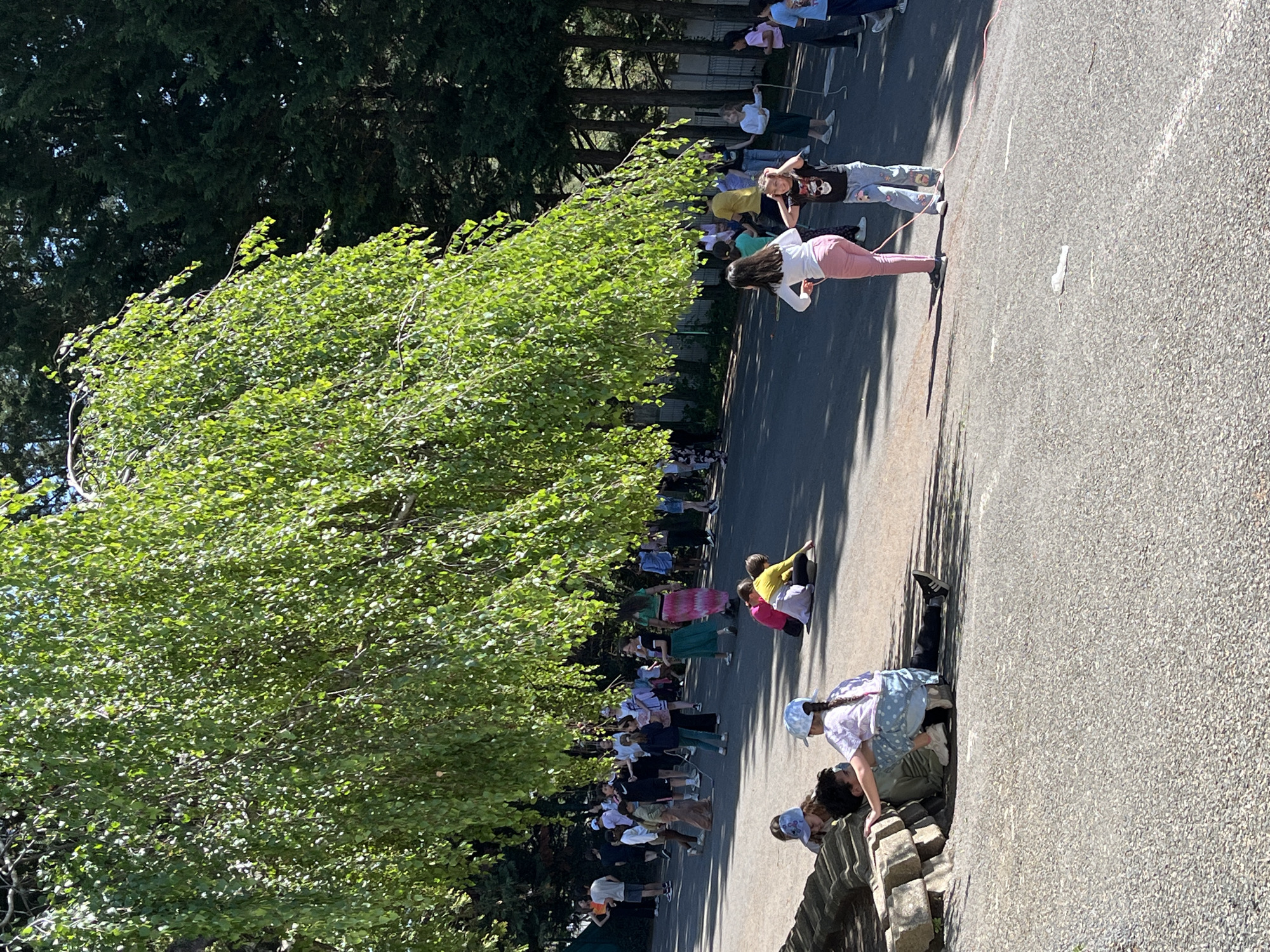 The scene captured in this image appears to be set in an outdoor environment, likely a street or a paved area, alongside a row of trees. The location is likely in La Fouillouse, France. A group of people, primarily children, are positioned along the edge of the road, near the trees. Some of them seem to be lying on the ground, while others are standing or bending over. There may be some type of activity or game occurring involving the group of kids, some objects like a long rope may be involved. The weather is clear and sunny, casting shadows on the pavement. The background shows more trees and some hints of buildings or other structures, although they are not clear.