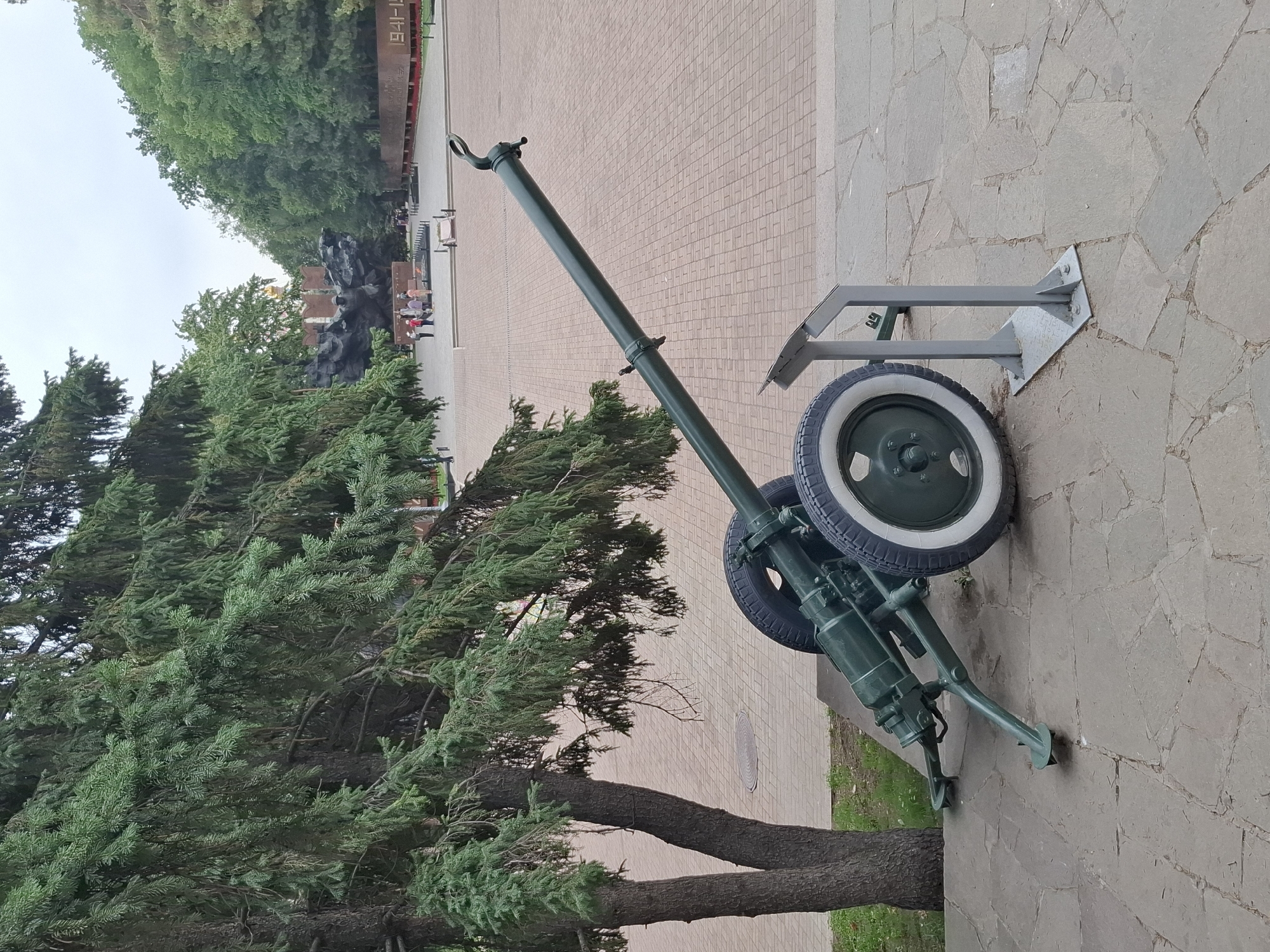 A military exhibit is displayed in a public space. The primary subject is a green artillery piece with two wheels, a long barrel, and a stabilizing leg, positioned on a paved area. To the left of the artillery piece is a large evergreen tree. In the background, there is a war memorial with a sculpture and a long wall inscribed with dates and text. Several people are visible near the memorial in the distance. The environment appears to be an outdoor park or monument grounds with trees and paved pathways. The scene is likely located at the "Mothers' Glory" monument in Almaty, Kazakhstan, given the distinctive war memorial and the presence of military hardware as an exhibit.