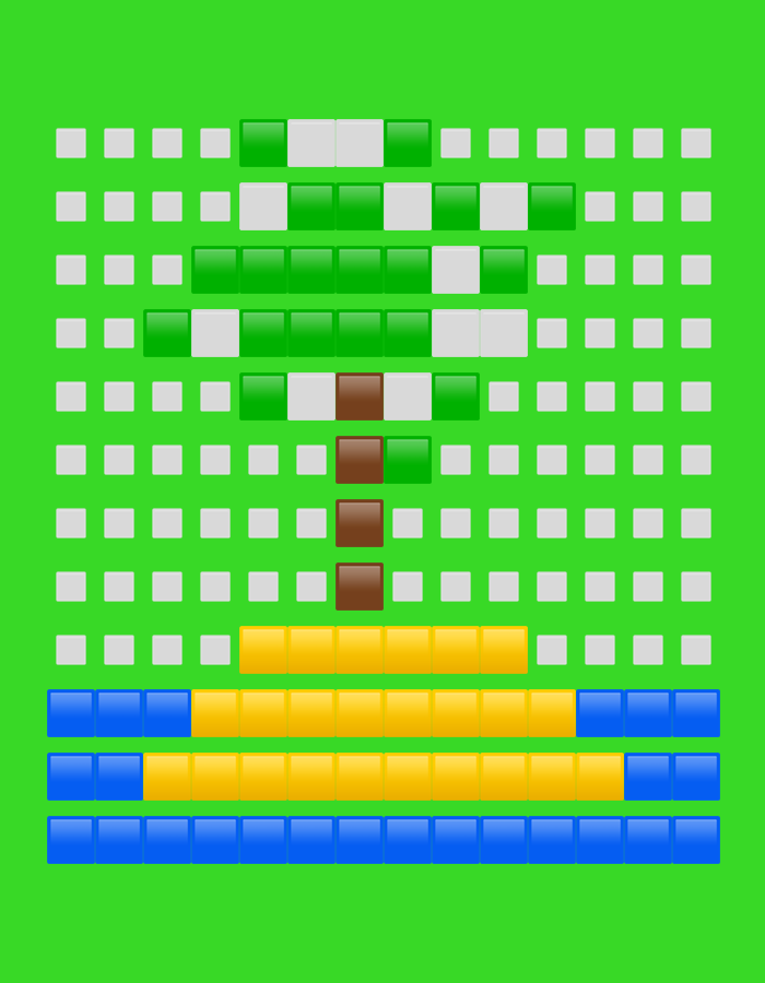 The image presents a stylized, pixel art representation of a Christmas tree against a vibrant, solid green background. The composition is built from a grid of numerous square blocks of various colors.
The upper portion forms the foliage of the tree, characterized by bright green blocks interspersed with white blocks, suggesting snow or decorative elements. This section is widest at its base and tapers upwards. Directly beneath the green foliage, a central vertical column of three brown blocks clearly depicts the tree's trunk.
Below the trunk, the base of the tree is formed by several horizontal rows of yellow and blue square blocks. The topmost row of the base is entirely yellow. This is followed by two rows that combine yellow and blue blocks, which could be interpreted as wrapped gifts or a decorative stand. The two lowest rows are composed entirely of blue blocks.
Numerous light grey square blocks define the outer edges of the entire structure and appear as placeholder elements around and within the main tree design. The overall aesthetic is clean and geometric, resembling an icon or a graphic from a block-based video game. There are no people, discernible activities, or visible text within the image. No specific visual cues link the image to the provided location context of Dunavtsi, Bulgaria.