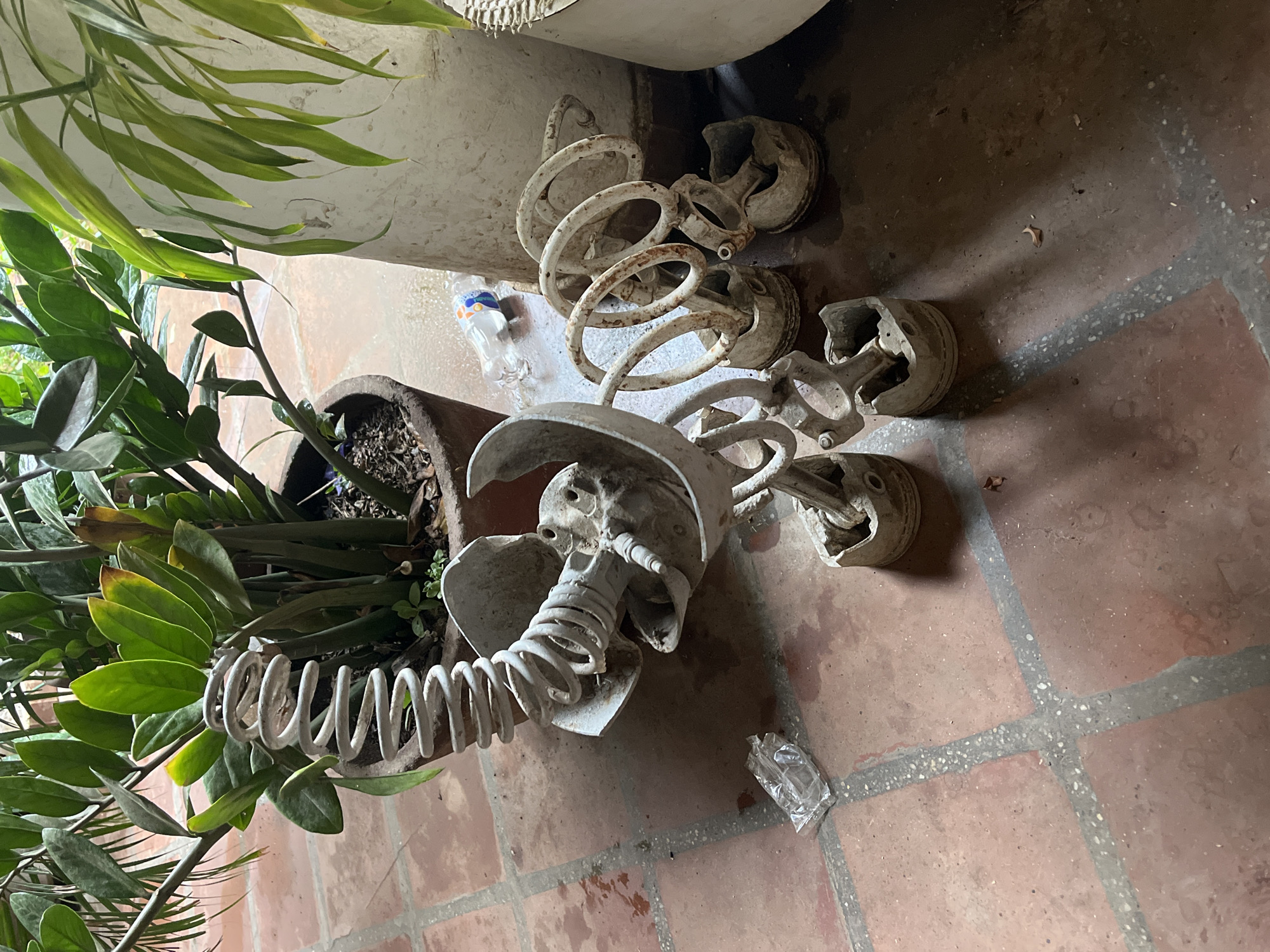 The image depicts an outdoor scene on a tiled patio. In the foreground, a disassembled mechanical object, resembling a robot or abstract sculpture, is laid out on the ground. This object is composed of metal parts, including several coiled springs and engine pistons. The metal appears aged and somewhat rusted. To the left and behind the sculpture, a large potted plant with broad green leaves is visible, and further to the right, another potted plant with long, slender green leaves can be seen. A clear plastic bottle lies on the patio near the plants and the sculpture. The patio tiles are reddish-brown with visible grout lines. The lighting suggests it is daytime, with shadows cast by the plants and the sculpture. There are no people or animals visible in the image. The overall impression is of a disused or repurposed area, possibly a backyard or garden space. The image does not provide specific details that would indicate its location within the city of Tacarigua, Venezuela.