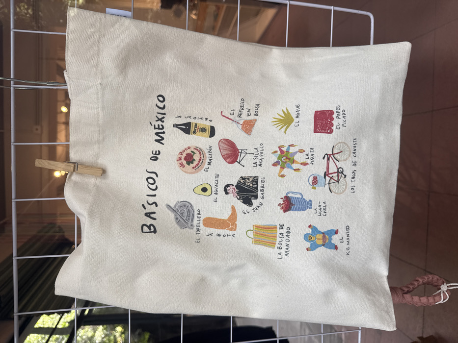 An off-white canvas tote bag featuring "BÁSICOS DE MÉXICO" (Basics of Mexico) in black handwritten-style script is displayed vertically, hanging from a white wire grid. A single wooden clothespin secures the top center of the bag to the grid. The bag's surface is covered with 16 distinct, colorful, stylized illustrations depicting various Mexican cultural elements, each accompanied by a handwritten label in Spanish. These illustrations include: a tortilla press labeled "EL TORTILLERO", an avocado labeled "EL AGUACATE", a "De la Rosa" mazapán candy labeled "EL MAZAPÁN", and a Corona bottle (representing soda in a bag) labeled "EL REFRESCO EN BOLSA". Below these are a cowboy boot labeled "LA BOTA", the singer Juan Gabriel labeled "EL JUAN GABRIEL", an Acapulco chair labeled "LA SILLA ACAPULCO", and a plastic bag with a straw (also representing soda in a bag) labeled "EL REFRESCO EN BOLSA". Further down, a striped shopping bag is labeled "LA BOLSA DE MANDADO", a Michelada drink is labeled "LA LLUVA-CHELA", a piñata is labeled "LA PIÑATA", and an agave plant is labeled "EL AGAVE". The bottom row features the wrestler Kemonito labeled "EL KEMOÑITO", a bicycle with baskets of tacos labeled "LOS TACOS DE CANASTA", and a piece of papel picado labeled "EL PAPEL PICADO". The background reveals a blurred indoor setting with reflections, possibly indicating a retail environment, with hints of outdoor foliage on the far left. A braided pink textile loop is visible at the bottom left of the frame. The scene is located in Mexico City, Mexico.