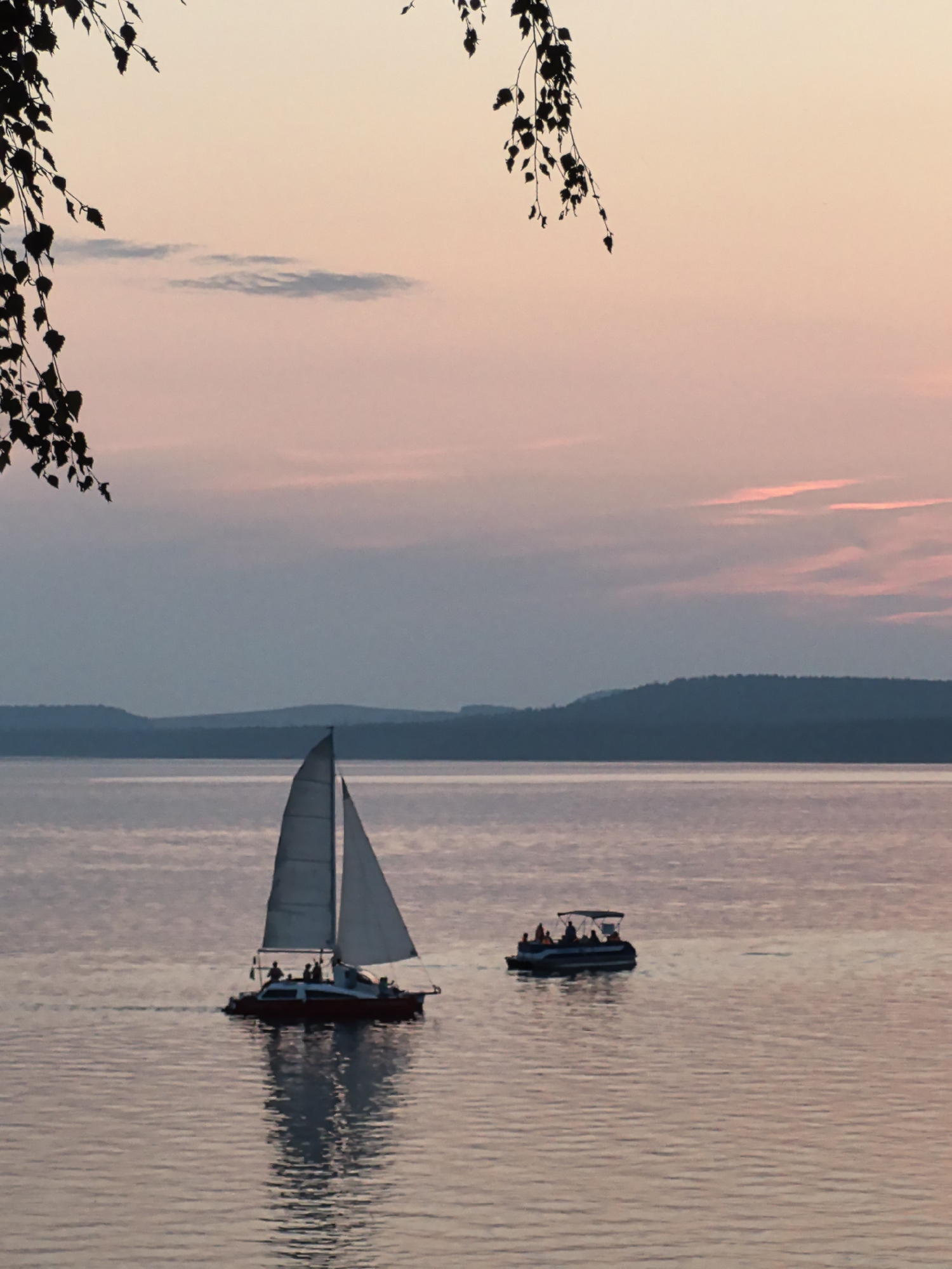 The image depicts a serene sunset over a body of water, likely a lake, near the city of Osa, Russia. In the foreground, silhouetted branches of a deciduous tree frame the upper left portion of the scene. The sky transitions from a soft pink near the horizon to a pale yellow at the top, with wispy clouds scattered throughout. Two boats are visible on the water. A sailboat, with white sails, is positioned in the mid-left, its reflection visible on the water's surface. On the right, a pontoon boat carries several passengers, also reflected in the water. In the distance, rolling hills form a dark silhouette against the colorful sky, indicating landmasses surrounding the water. The overall atmosphere is peaceful and tranquil, characteristic of a quiet evening by the water.