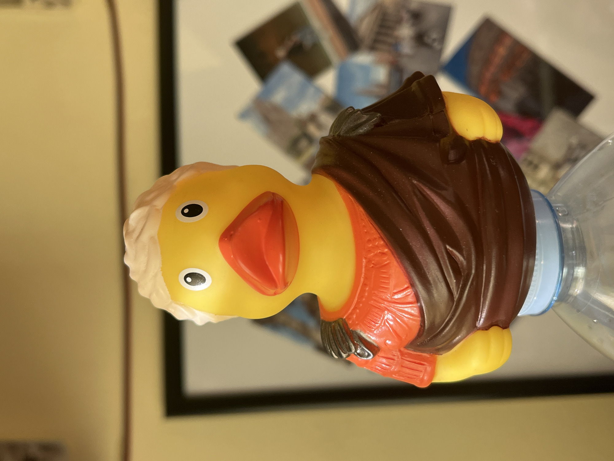 A close-up, vertically oriented shot features a distinct rubber duck figurine mounted on a clear plastic water bottle. The bright yellow duck has black eyes with white pupils and an orange beak. It is uniquely dressed, wearing a textured, light-colored 'hair' or wig, an orange garment that resembles a sweater or tunic, and a prominent brown hooded robe or cape. The lower part of the duck's body is attached to the neck of the transparent plastic bottle, secured near its light blue cap.
The background is softly blurred, indicating an indoor setting. To the left, a light-colored wall is visible. Behind the duck, several out-of-focus items appear to be framed pictures or photographs, possibly depicting landscapes or urban scenes, with a dark rectangular frame also discernible. The lighting is artificial, illuminating the duck prominently. There is no visible text in the image. The context for this image is Sofia, Bulgaria.