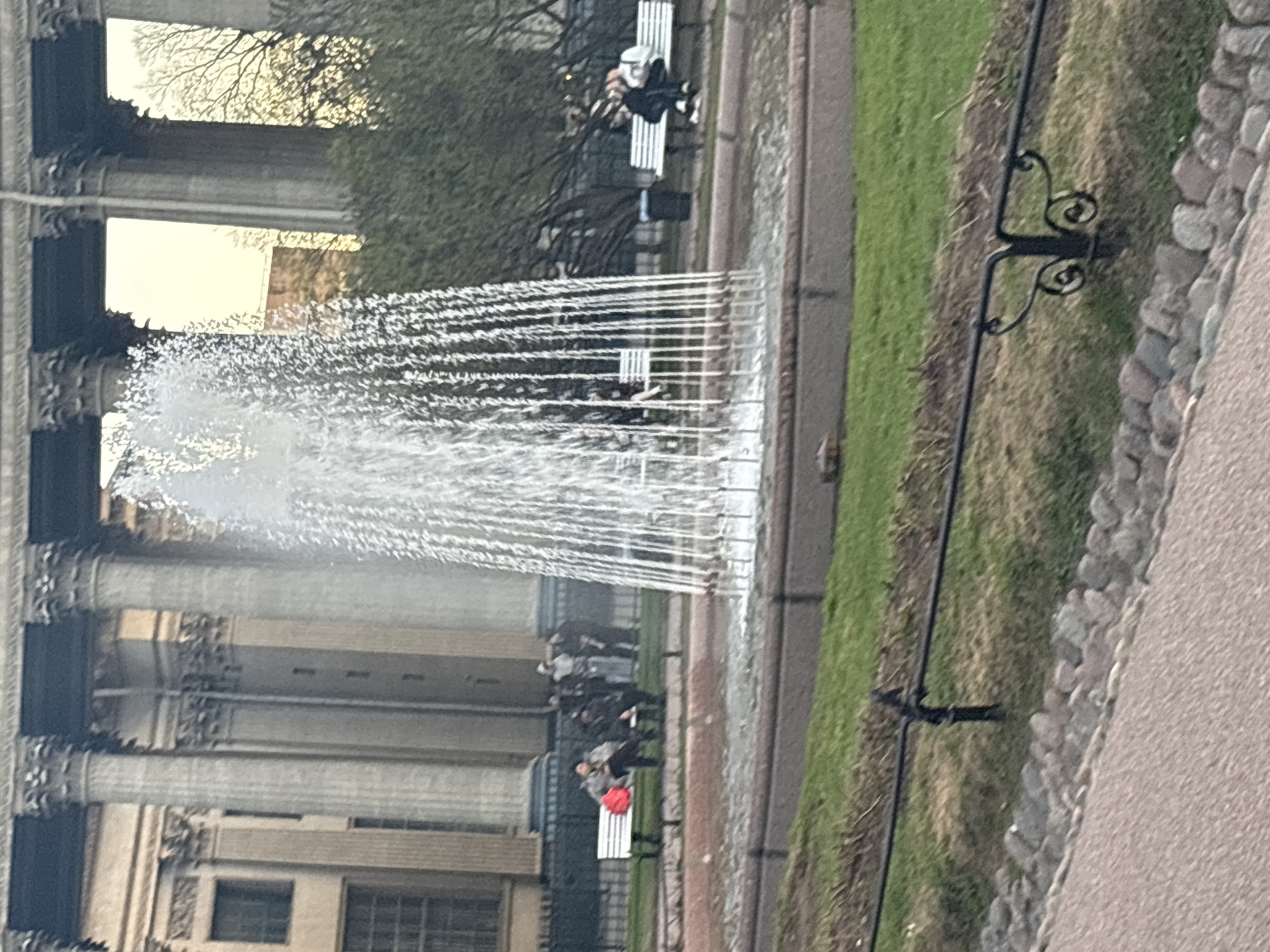 Here is a description of the image:
The image is a slightly blurred photograph taken in Saint Petersburg, Russia. The foreground is dominated by a large fountain with numerous streams of water shooting upwards. Behind the fountain is the facade of a building with ornate columns and windows. People are sitting on benches in the background. To the right of the fountain is a strip of green grass with a metal fence and a stone curb. A pathway runs along the right edge of the frame. The photograph appears to have been taken during the day, with a soft, natural light illuminating the scene.