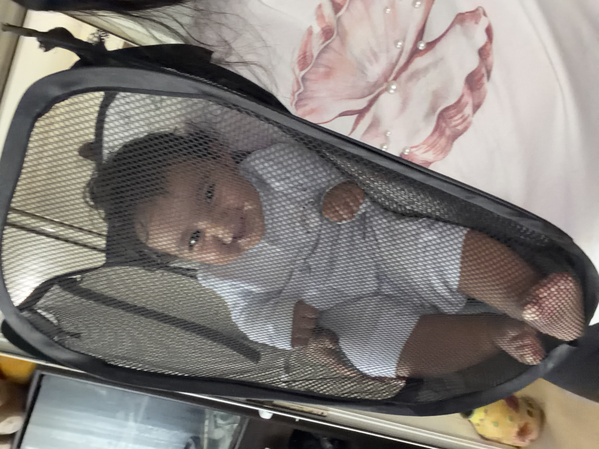 A baby is positioned inside a black mesh laundry hamper with a white and blue checkered bodysuit. The baby is smiling and looking at the camera. The hamper is opaque on the sides and transparent in the front, allowing the baby to be visible. The background is out of focus and appears to be an indoor setting. There is a person on the right side of the image wearing a white shirt with a floral pattern. The location of Razhevo Konare, Bulgaria is not discernible from the image.