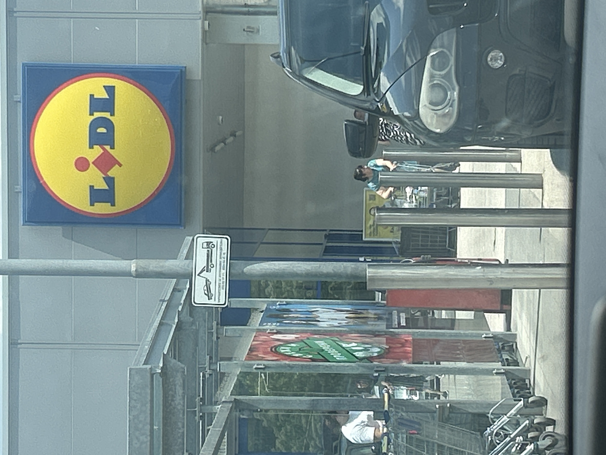 The image shows the entrance area of a Lidl supermarket in Plovdiv, Bulgaria. A large yellow and blue Lidl logo is prominently displayed on the building facade. In the foreground, a black SUV is partially visible, indicating the perspective is from within a vehicle. To the left, rows of shopping carts are lined up under a covered walkway. Several people are seen near the entrance, some with shopping carts, and one person appears to be interacting with a shopping cart. A sign indicating a tow-away zone is visible on a pole. The environment appears to be an outdoor shopping area with paved ground and a building in the background. The lighting suggests it is daytime.