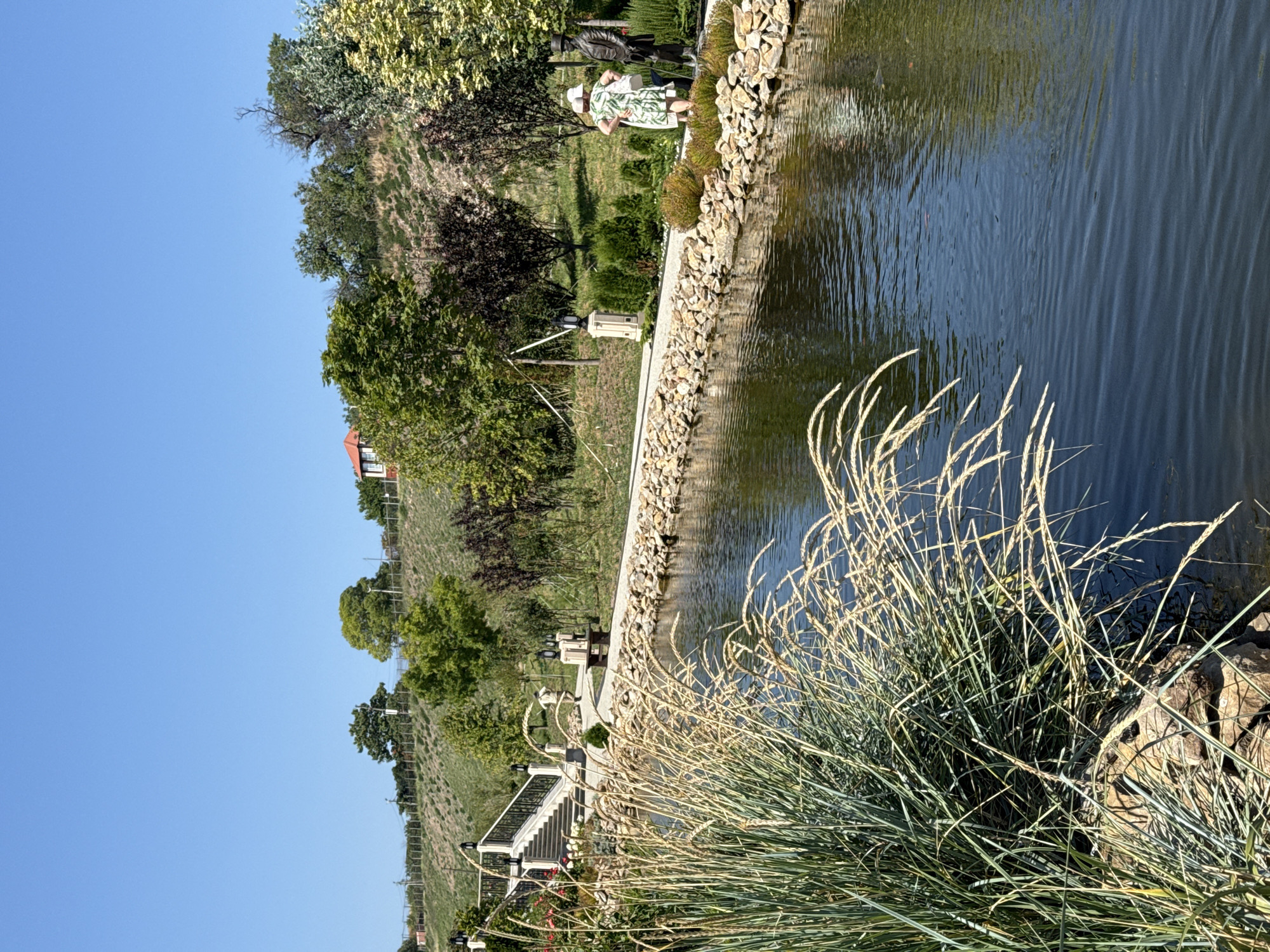 The image depicts an outdoor scenic view of a park or garden area, likely in Sevastopol, Ukraine, given the context. In the foreground, tall, dry grasses lean over a dark, rippling body of water, possibly a pond or canal. The water's edge is lined with a rough stone embankment.
To the right of the water, a paved walkway runs along the embankment. Along this walkway, there are two decorative lamp posts, a bench, and two statues. One statue appears to be a man in a dark suit and top hat. Next to him, a woman in a patterned green dress and a white hat is standing, facing away from the camera.
Further along the walkway and slightly uphill, a grand staircase with a metal railing ascends. This staircase is flanked by decorative lamp posts similar to those seen lower down. Beyond the staircase, more greenery and trees cover a sloped hill. A small, red-roofed building is visible on top of the hill in the distance. The sky is a clear, bright blue. The overall impression is one of a well-maintained, picturesque landscape, possibly a tourist attraction or a peaceful recreational space.