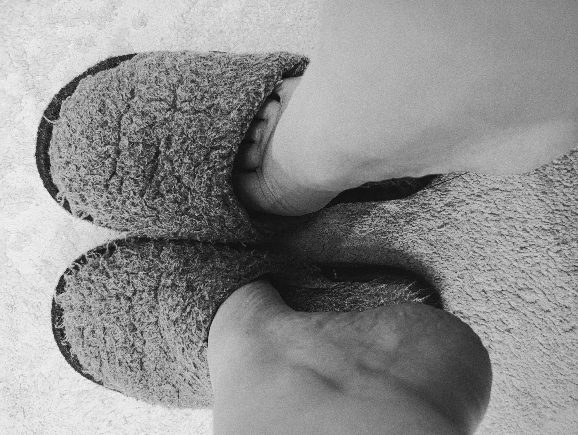 A monochrome, top-down image captures a person's feet wearing two fuzzy slippers, positioned on a textured floor covering. The scene appears to be indoors, suggesting a domestic setting.
The subjects are the lower portions of two feet, each partially encased in a slipper. The slippers are a dark, plush material, likely gray or a similar dark shade in real life, with a visibly soft, matted texture. They feature a distinct, darker outline around their edges. The visible skin of the feet contrasts with the slipper material, appearing smoother and lighter in tone.
The feet are placed side-by-side, suggesting a moment of standing or resting. The textured surface beneath the slippers is a lighter, nubbly material, resembling a carpet, rug, or bathmat.
Notable details include the emphasis on texture due to the black and white rendering, highlighting the difference between the fluffy slippers, the skin, and the floor covering. There are no visible clues about the time of day, weather, or any specific emotions. No text is visible in the image. The location context provided is Chaikovsky, Russia.
