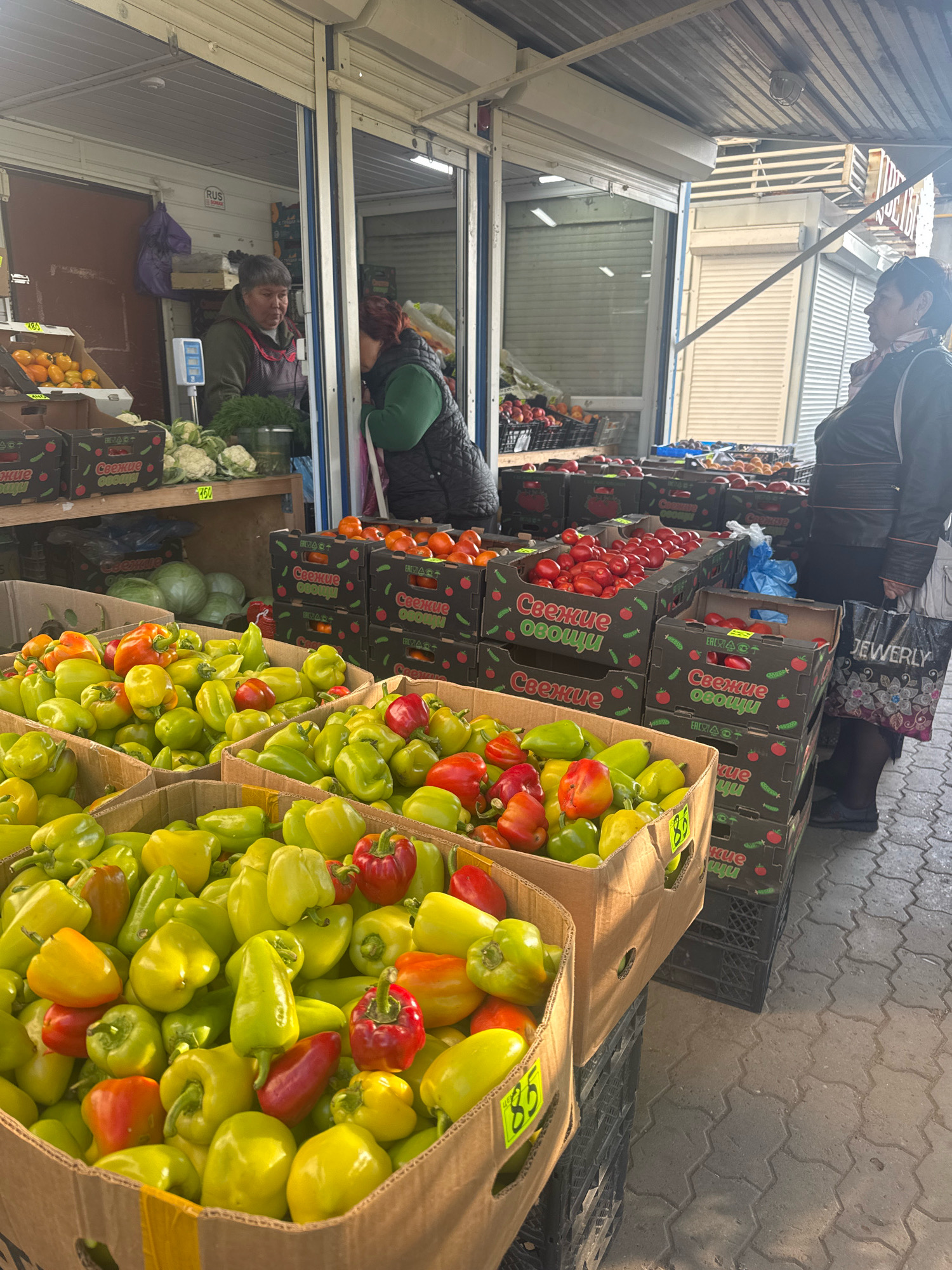 This is a medium shot, taken from a slightly elevated perspective, of an outdoor market stall in Ufa, Russia. The primary subjects are two women and a variety of fresh produce, specifically bell peppers, tomatoes, cauliflower, and possibly lettuce.
In the foreground, several cardboard boxes overflow with colorful bell peppers, predominantly green, yellow, and red. Some boxes have yellow price tags with the number "85" visible. Behind the peppers, more boxes are stacked, some containing what appear to be tomatoes and cauliflower.
In the background, two women are engaged in a transaction at the stall. One woman, wearing a green jacket and an apron, is behind the counter, attending to a customer. The other woman, wearing a dark jacket and a scarf, is facing away from the camera, seemingly interacting with the vendor or examining produce. The stall itself is covered by a corrugated metal roof, with some of the market's structure visible. The ground is paved with interlocking bricks.
Several pieces of text are visible in the image. A sign with "RUS" is present. Some boxes have Cyrillic text that translates to "Fresh Vegetables." Another bag held by a customer has the word "JEWERLY" printed on it.
The lighting suggests it is daytime, possibly morning or afternoon, with shadows indicating the sun is present. The overall scene depicts a typical market day, with vendors and customers interacting amidst fresh produce. The emotions of the people are not clearly discernible from their postures and distance.