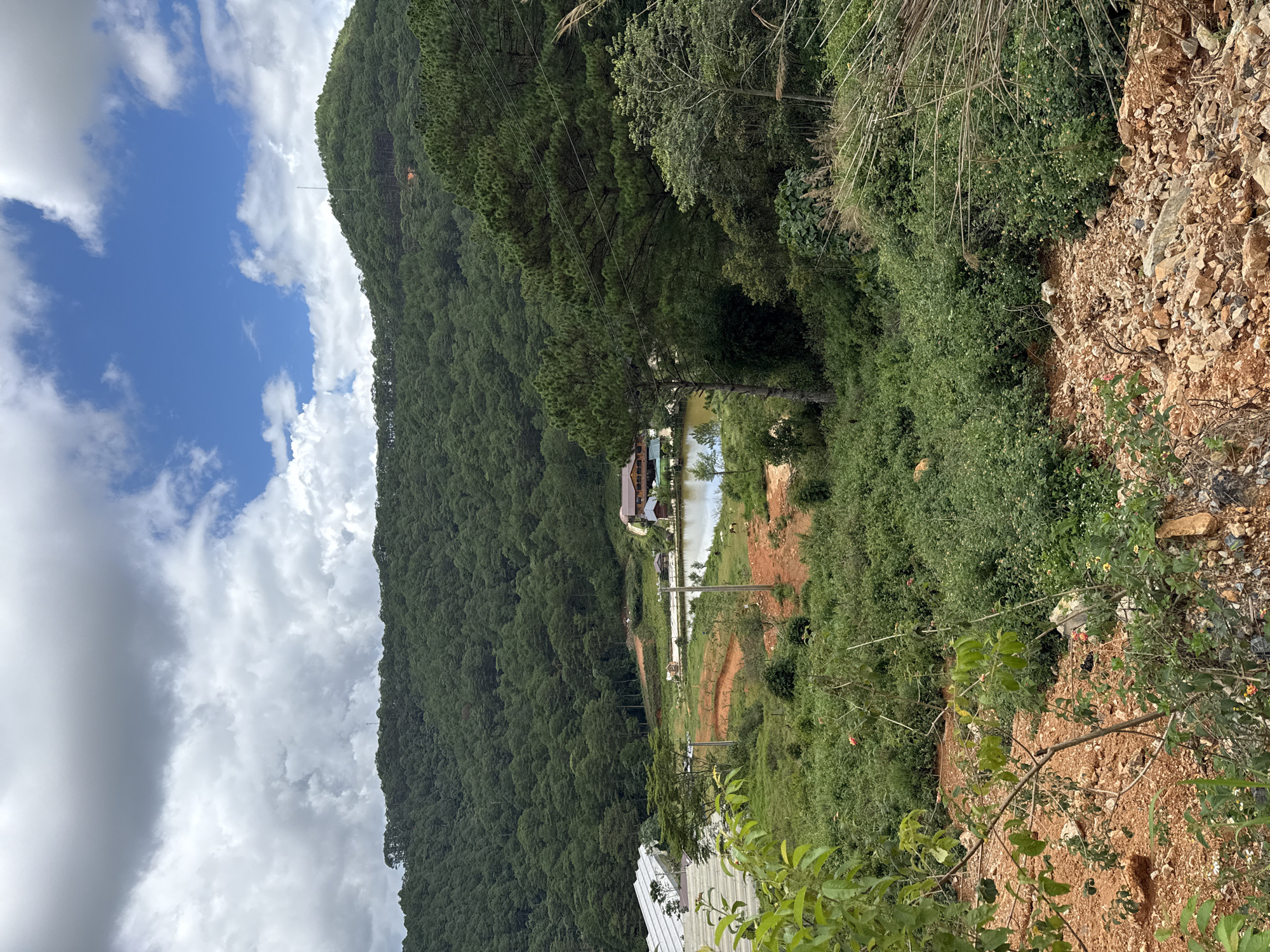 The image shows a landscape view in Lạc Dương, Vietnam. A densely forested mountain slopes down to a valley with a small lake. A building is situated on the edge of the lake. Power lines run across the valley. In the foreground, vegetation grows on a rocky, reddish-brown hillside. The sky is partly cloudy.