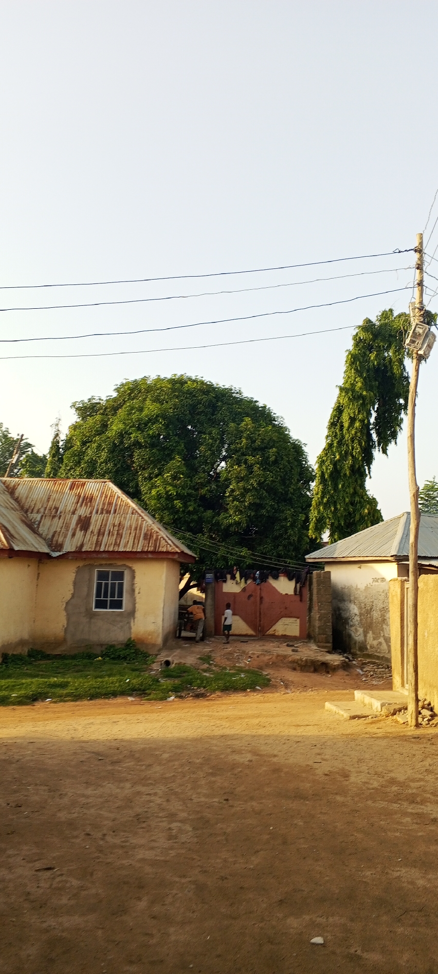 In Jalingo, Nigeria, a dirt road leads towards a gate between two structures. To the left is a single-story building with a corrugated metal roof and yellow stucco walls. A white-framed window is visible on its facade. To the right of the gate, another single-story structure has a lighter colored roof and white walls. A tall, slender green tree with drooping foliage stands beside a wooden utility pole with electrical equipment attached. A large, broad green tree dominates the background between the two buildings. Clothes hang on a line stretched across the entrance. Two individuals are present near the gate; one, an adult wearing an orange shirt, appears to be pushing a cart, and a child in a white shirt is walking away from the gate. The ground is composed of reddish-brown dirt, with patches of green grass along the left side of the road. Overhead, multiple power lines traverse the clear, pale sky.