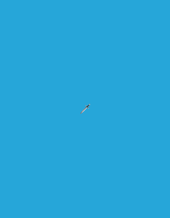 A silver sword is shown floating in the center of a solid blue background. The sword is depicted from a slightly elevated angle, with the hilt towards the top and the blade pointing downwards and slightly to the left. The blue background is a uniform color, devoid of any other elements or context. The image is minimalist and lacks any specific location information, including Moscow, Russia.