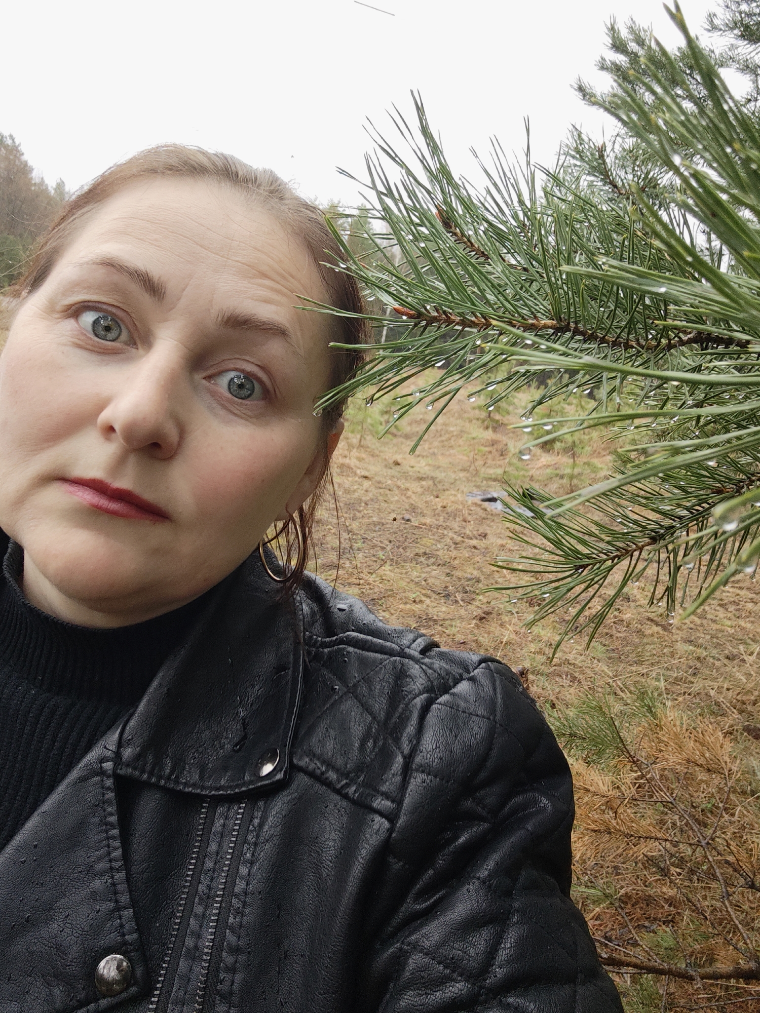 A close-up outdoor portrait features a light-skinned woman looking directly at the camera with wide, grey-blue eyes and a direct, somewhat surprised or intense gaze. Her lips are closed, colored with a reddish-pink lipstick, and fine lines are visible on her forehead. She has light brown hair, pulled back, and wears large gold hoop earrings.
She is dressed in a black quilted leather jacket, which appears damp with small water droplets, over a black ribbed turtleneck. To the right side of the frame, a prominent branch of a pine tree with long, green needles extends into view. Numerous small, clear water droplets cling to the pine needles, suggesting recent rain or high humidity.
The background is a soft-focus natural setting, primarily showing the forest floor covered with dry, brownish-orange leaves and some sparse green growth. Further back, more trees are vaguely visible under an overcast, bright sky, indicating daytime. The scene conveys a cool, damp atmosphere. The setting is in a natural, wooded environment in Chaikovsky, Russia. No visible text is present in the image.