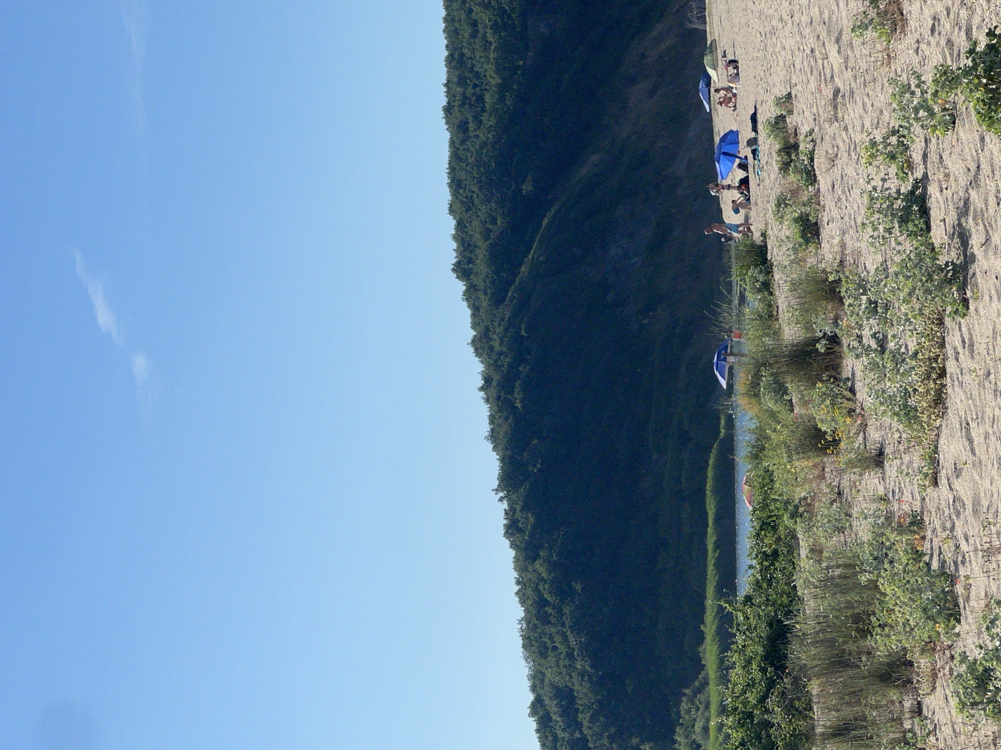 This is a vertical, eye-level, medium shot of a sandy beach with people relaxing under umbrellas. The scene is set against a backdrop of a dense, dark green, tree-covered hillside that slopes down towards the sea. The sky is a clear, bright blue with a wispy white cloud. The sand is light in color, and patches of green vegetation and tall grass are visible along the edge of the beach, separating it from the hillside.
Several people are scattered across the beach, some sitting under blue and white umbrellas, others appearing to be walking or standing. One prominent blue umbrella is in the foreground, with a few individuals gathered around it. Further up the beach, more umbrellas and people are visible. A body of water, likely the sea, is visible in the distance behind the vegetation.
The time of day appears to be sunny and bright, suggesting midday. The weather is clear and pleasant. The presence of umbrellas and beachgoers indicates a recreational setting, likely a warm day at the beach. The location context provided is Sinemorets, Bulgaria, which is known for its Black Sea coastline. No visible text is present in the image.