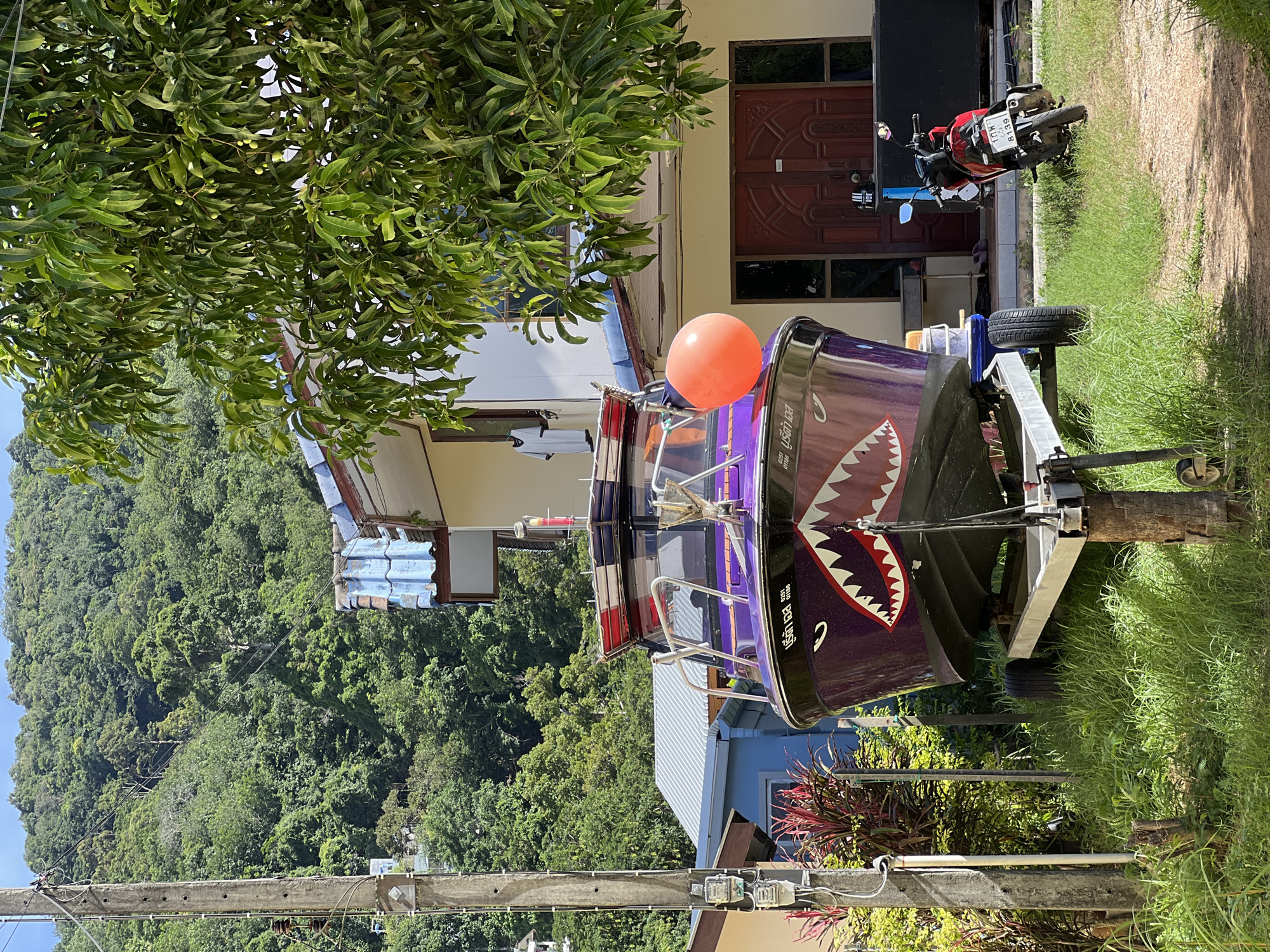 A purple speed boat with shark teeth graphics on its hull is parked on a trailer in a grassy area in front of a building with a red double door. The boat has a metal railing and a large orange buoy attached to its side. A red motorcycle is parked to the right of the building. A lush green hillside covered in trees is visible in the background.