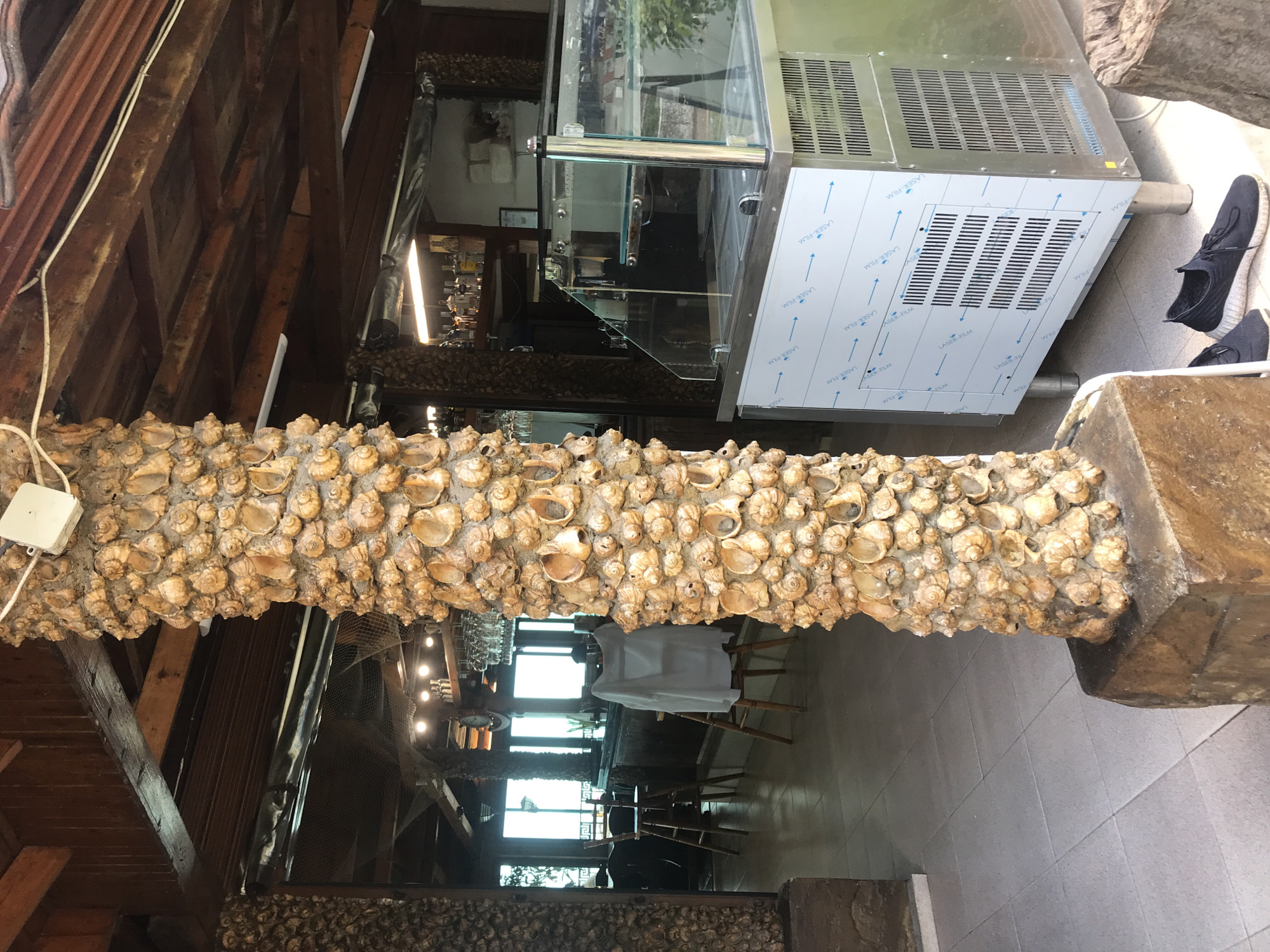 The image shows the exterior of a restaurant or bar in Varna, Bulgaria. A large, decorative pillar covered in shells is prominent in the foreground. Behind it, through an open doorway, a bar area is visible with bottles on shelves, glassware hanging, and chairs. To the right of the pillar, a stainless steel refrigerated display case is positioned on the tiled floor. A pair of black sneakers rests on the floor in front of the display case. The architecture suggests an outdoor or semi-outdoor seating area, possibly near a beach or promenade, given the coastal theme of the decor.