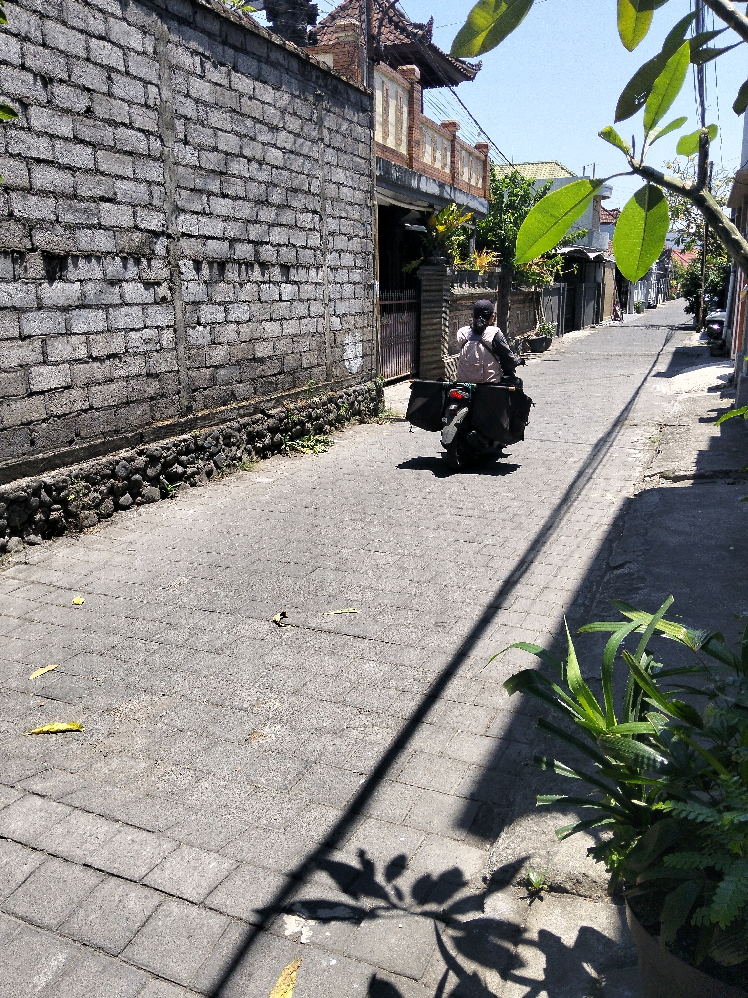 A person wearing a backpack rides a scooter with large black saddlebags down a narrow paved alleyway in Denpasar, Indonesia. The alleyway is lined with brick walls on the left and buildings on the right. The sky is clear and blue. The sun casts long shadows across the ground. Green leaves and branches are visible in the foreground.