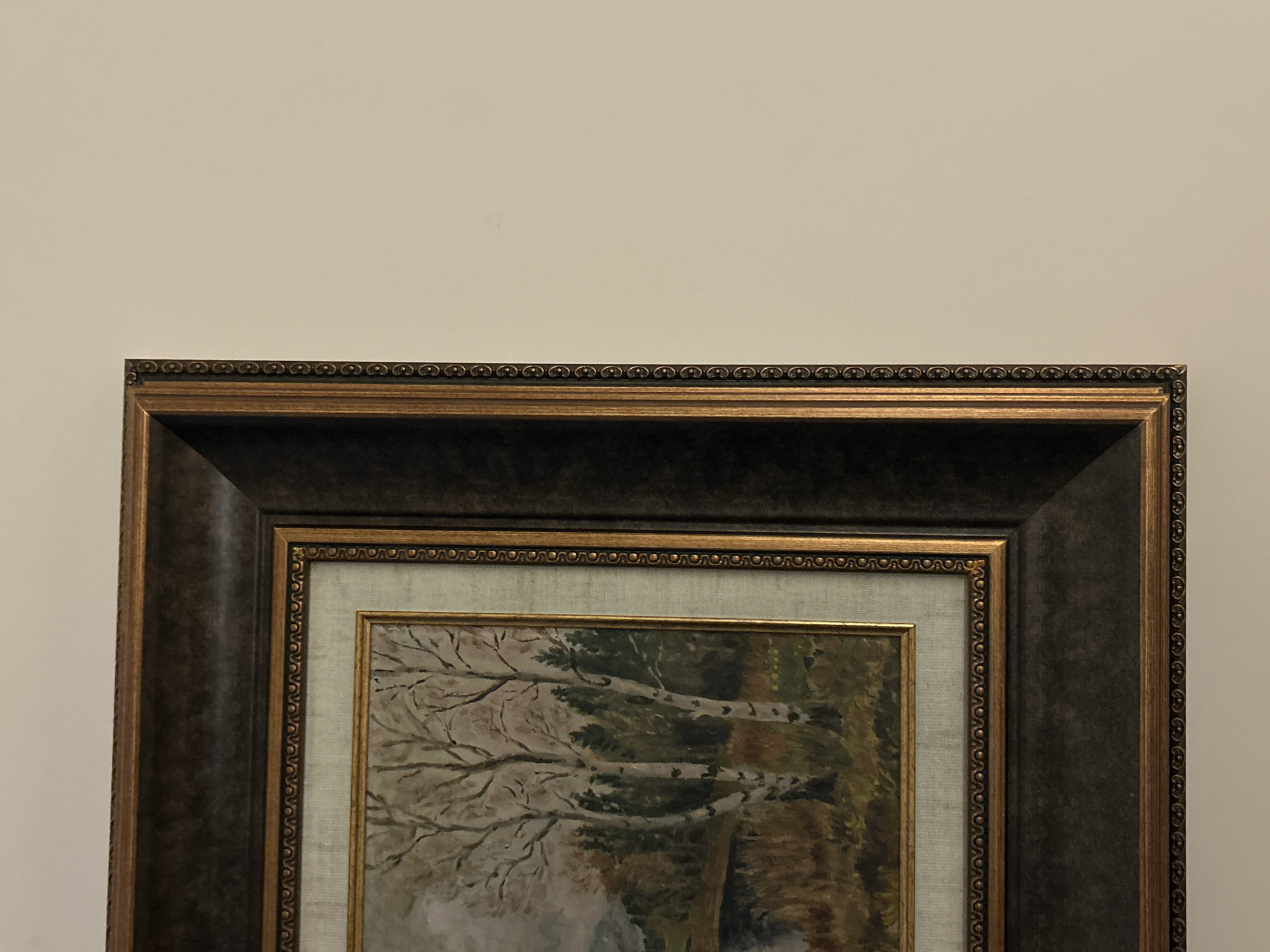 A close-up of a framed painting hangs on a light beige wall. The painting depicts birch trees against a forest backdrop. The frame is dark brown with gold accents, and has a decorative pattern around the edges. The painting itself appears to have a linen mat. The location is not discernible from the image.